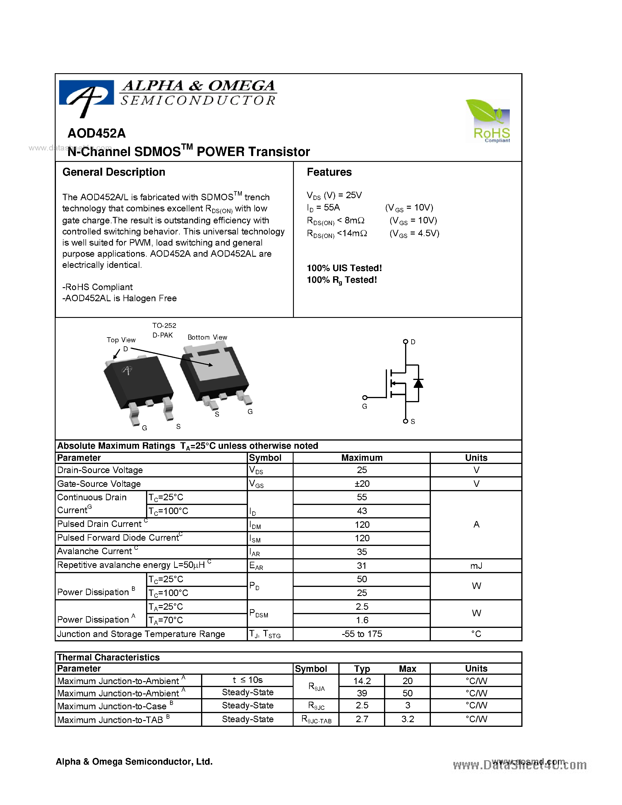 Datasheet AOD452A - N-Channel SDMOSTM POWER Transistor page 1