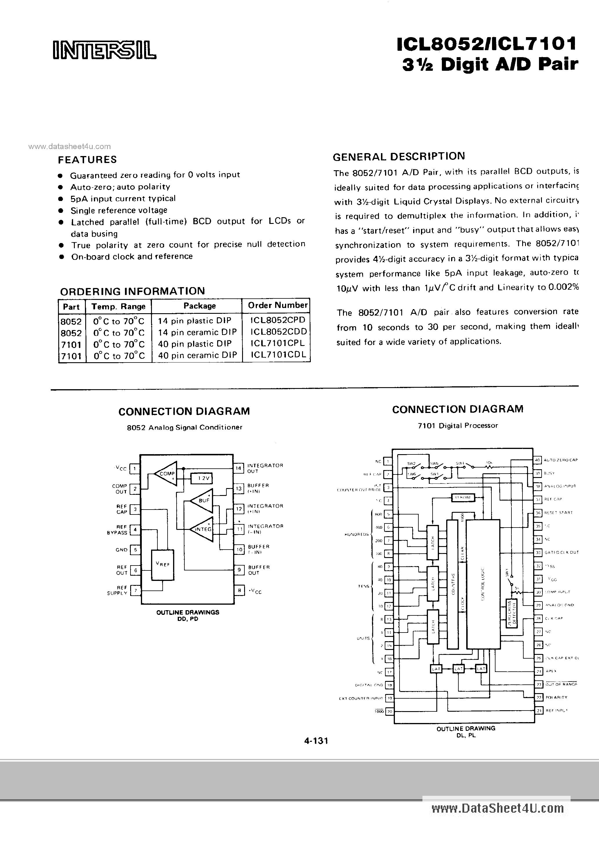 Даташит ICL8052 - (ICL7101 / ICL8052) 3 1/2 Digital A/D страница 1