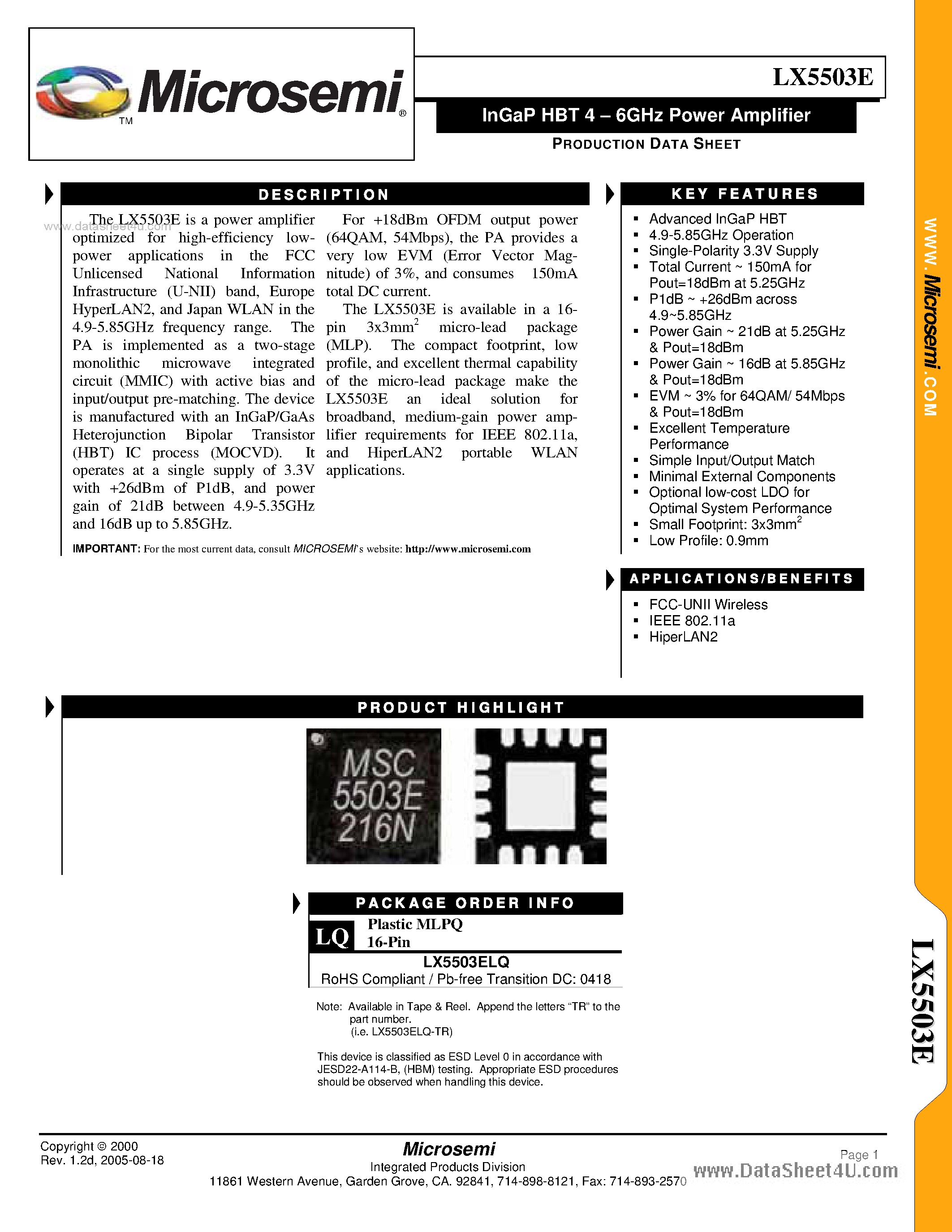 Datasheet LX5503E - InGaP HBT 4 - 6GHz Power Amplifier page 1