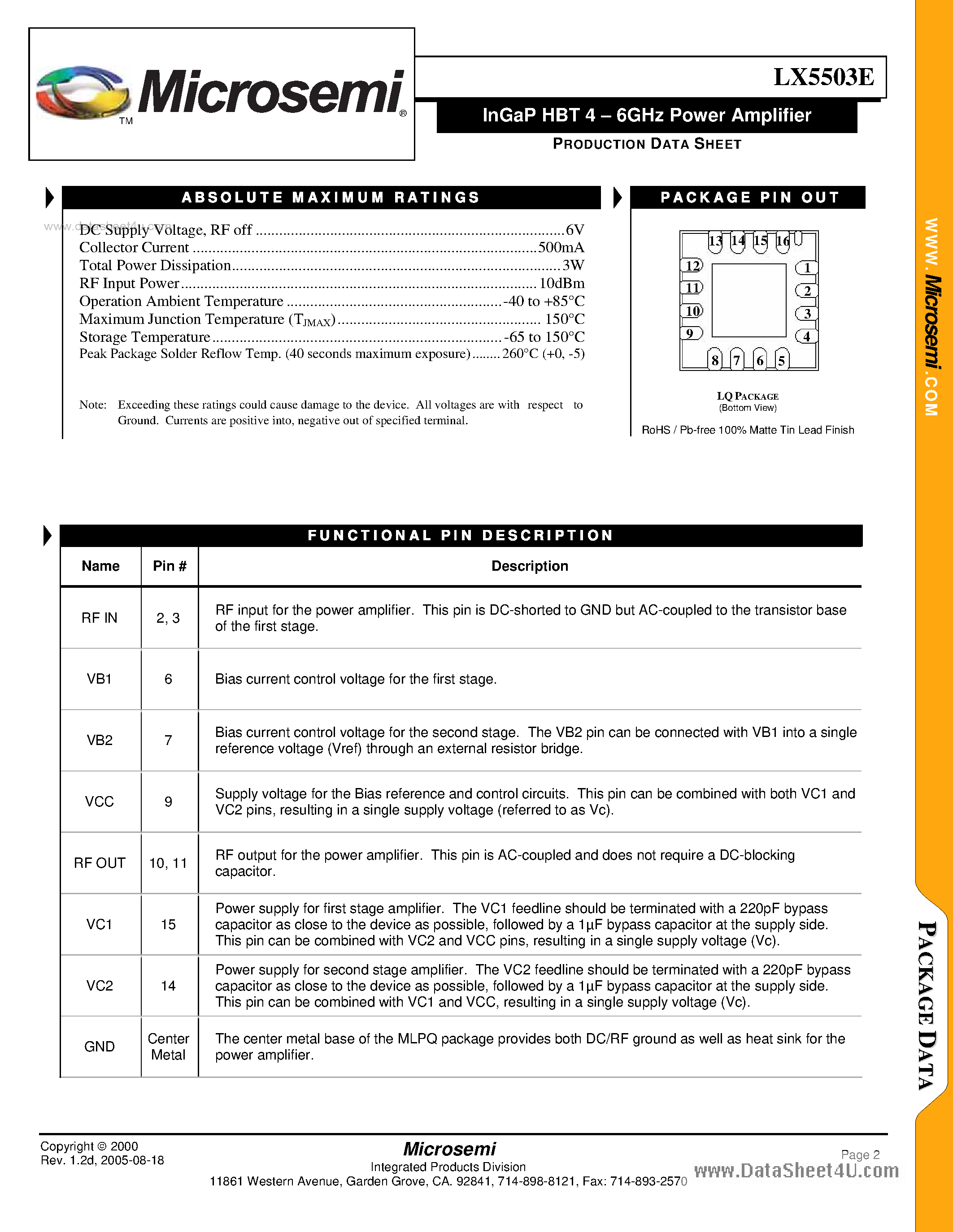 Datasheet LX5503E - InGaP HBT 4 - 6GHz Power Amplifier page 2