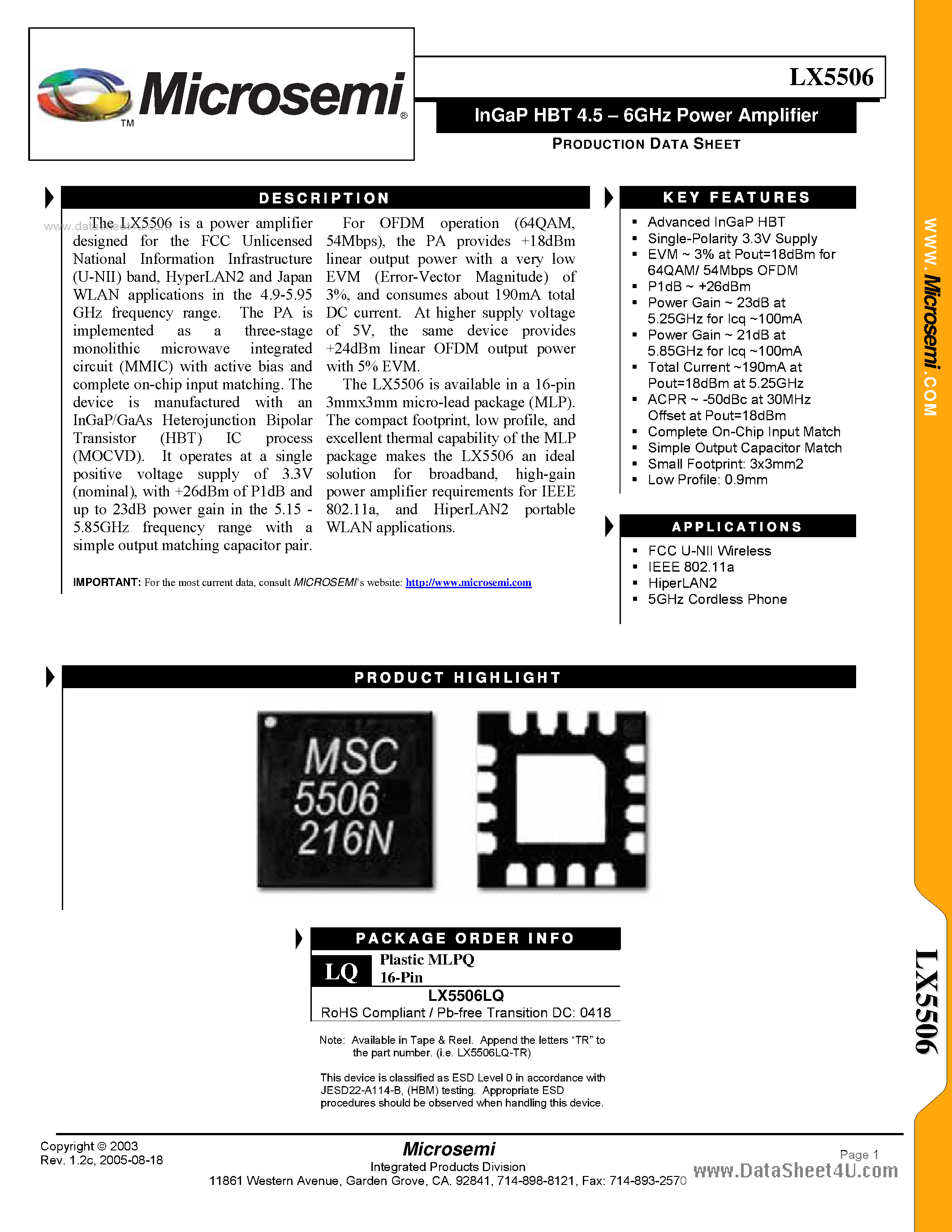 Datasheet LX5506 - InGaP HBT 4.5 - 6GHz Power Amplifier page 1