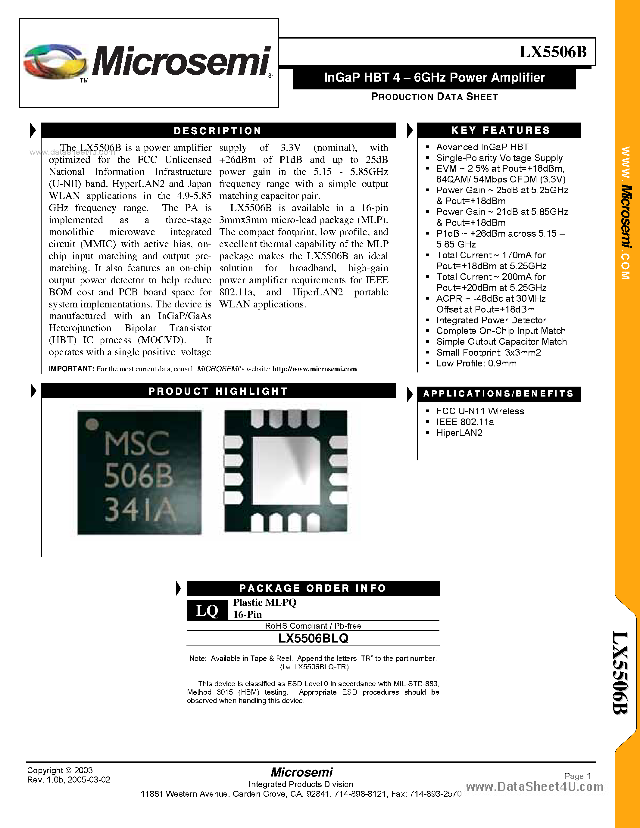 Datasheet LX5506B - InGaP HBT 4 6GHz Power Amplifier page 1