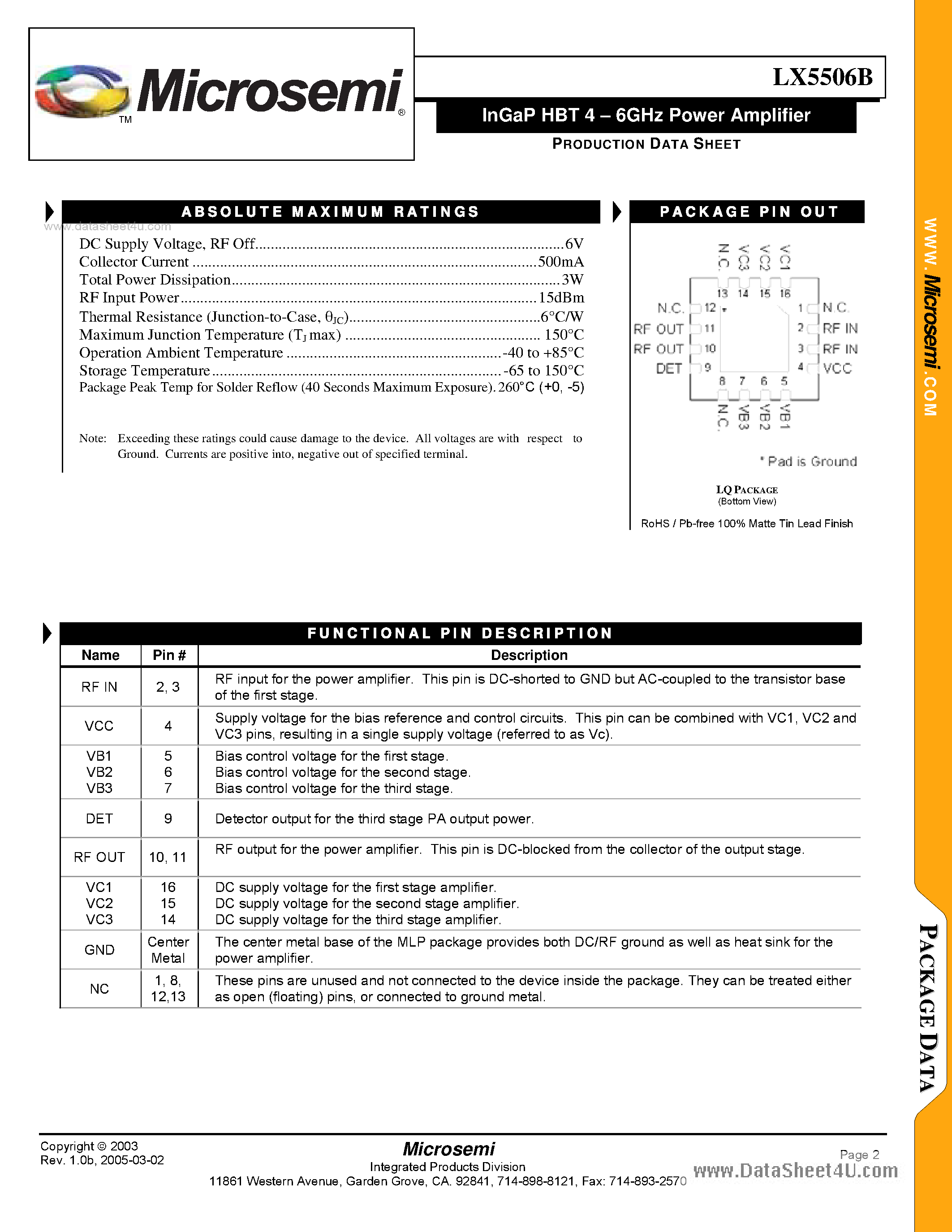 Datasheet LX5506B - InGaP HBT 4 6GHz Power Amplifier page 2