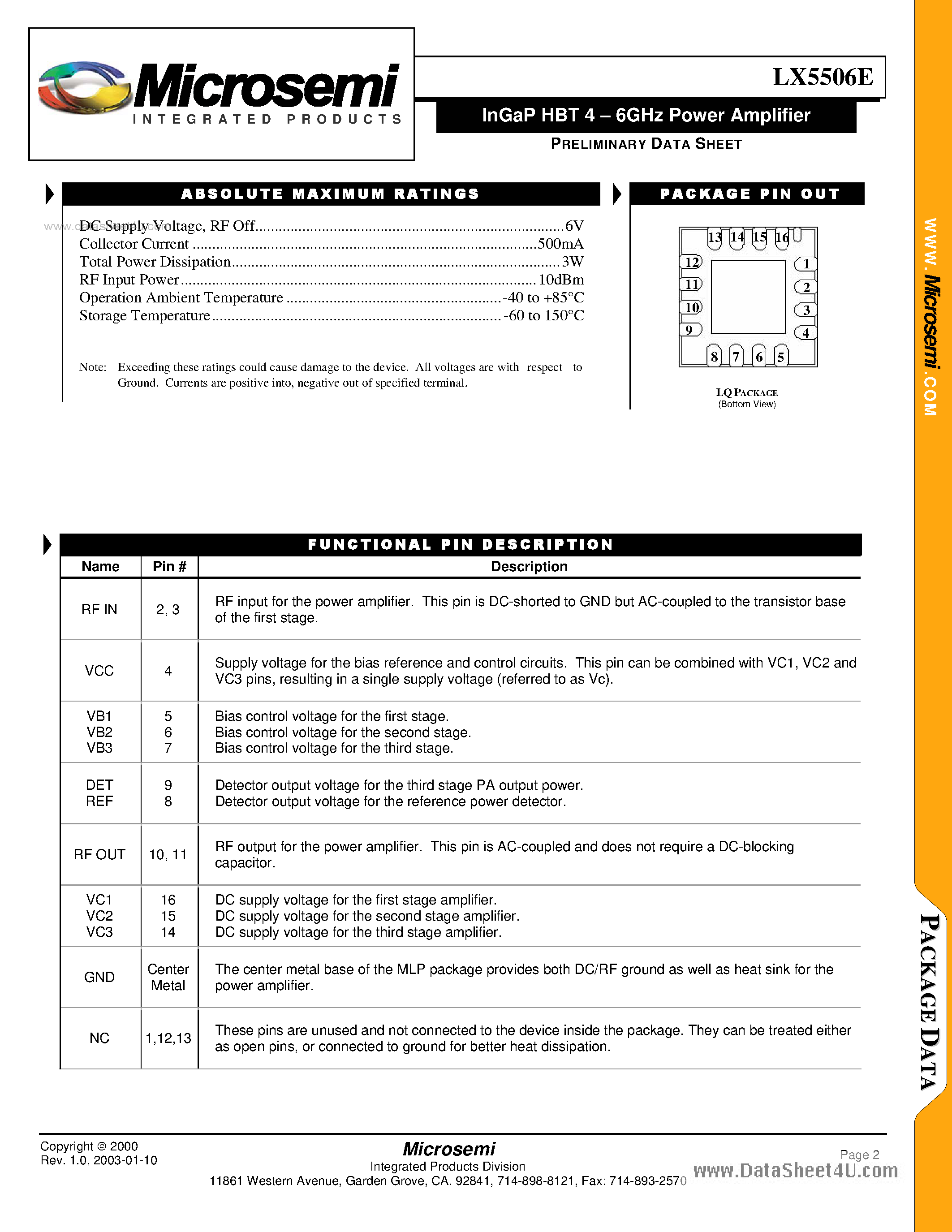 Datasheet LX5506E page 2 Datasheet LX5506E - InGaP HBT 4 - 6GHz Power Amplifier page 2