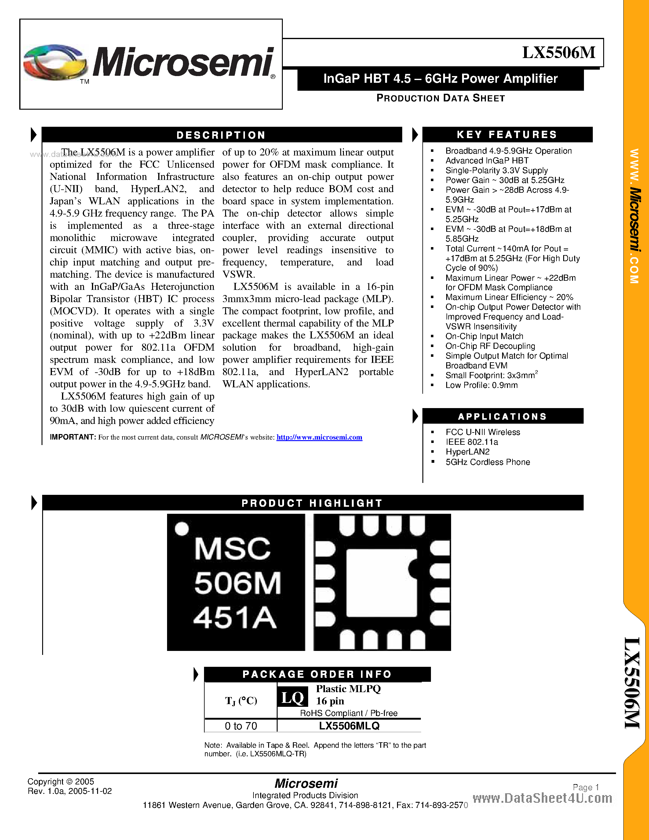 Datasheet LX5506M - InGaP HBT 4.5 - 6GHz Power Amplifier page 1