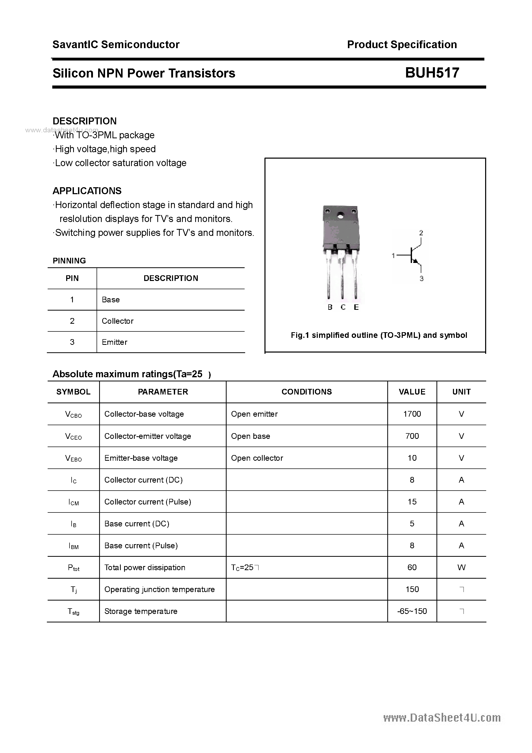 Даташит BUH517 - Silicon NPN Power Transistors страница 1