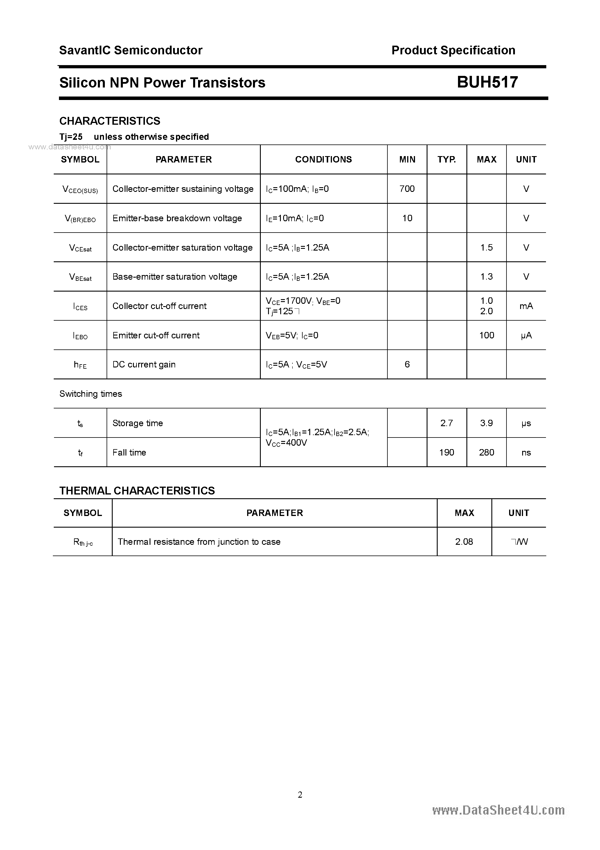 Даташит BUH517 - Silicon NPN Power Transistors страница 2