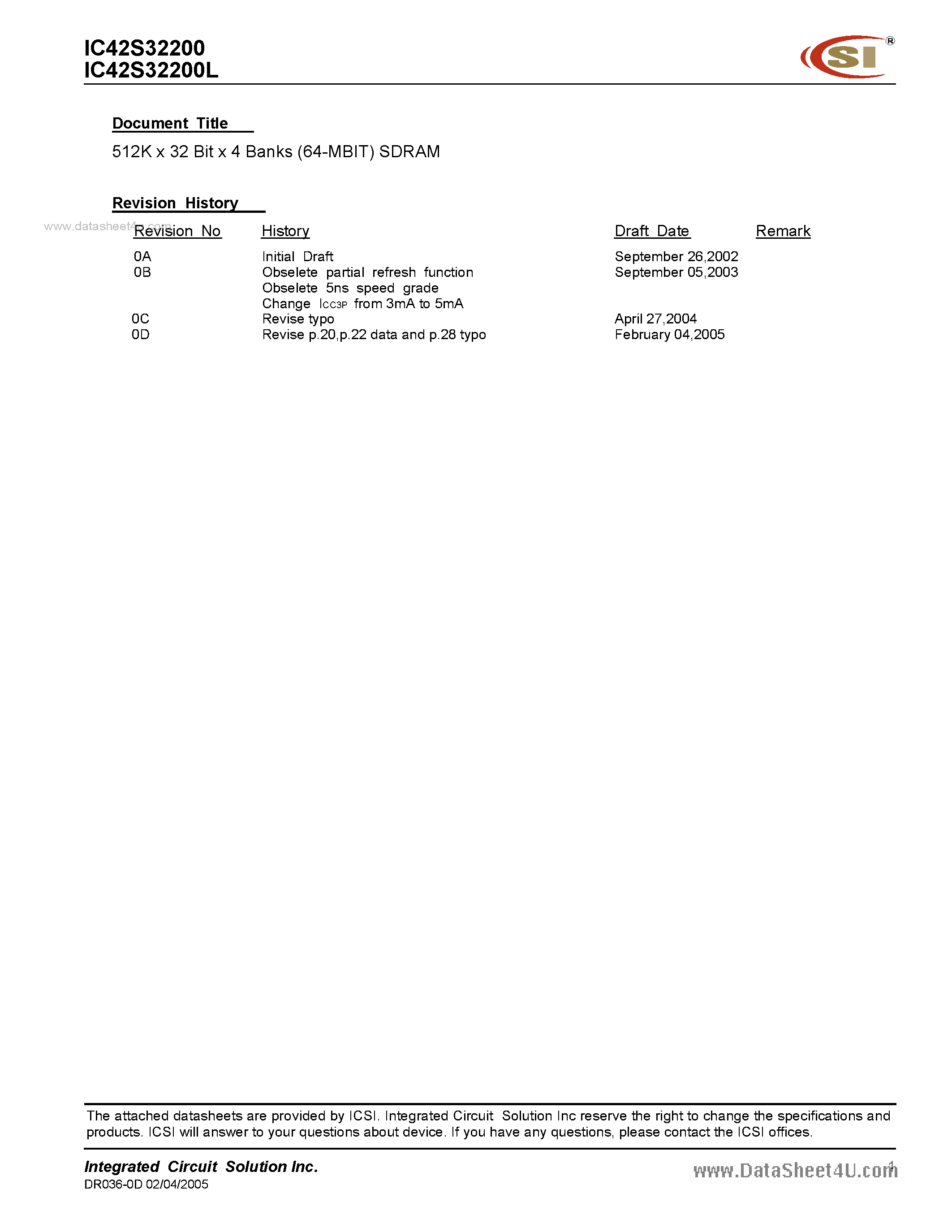 Datasheet IC42S32200 - 512K Words x 32 Bits x 4 Banks (64-MBIT) SYNCHRONOUS DYNAMIC RAM page 1