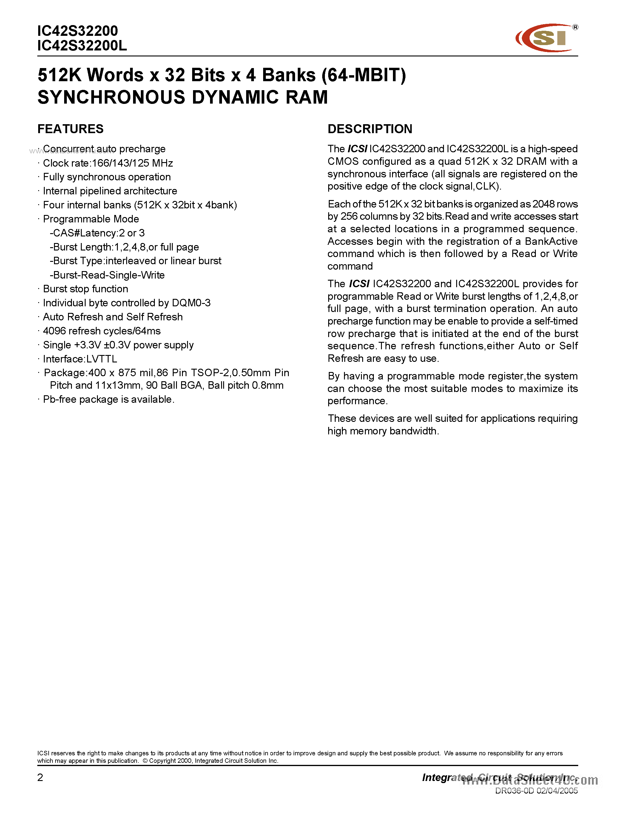 Datasheet IC42S32200 - 512K Words x 32 Bits x 4 Banks (64-MBIT) SYNCHRONOUS DYNAMIC RAM page 2