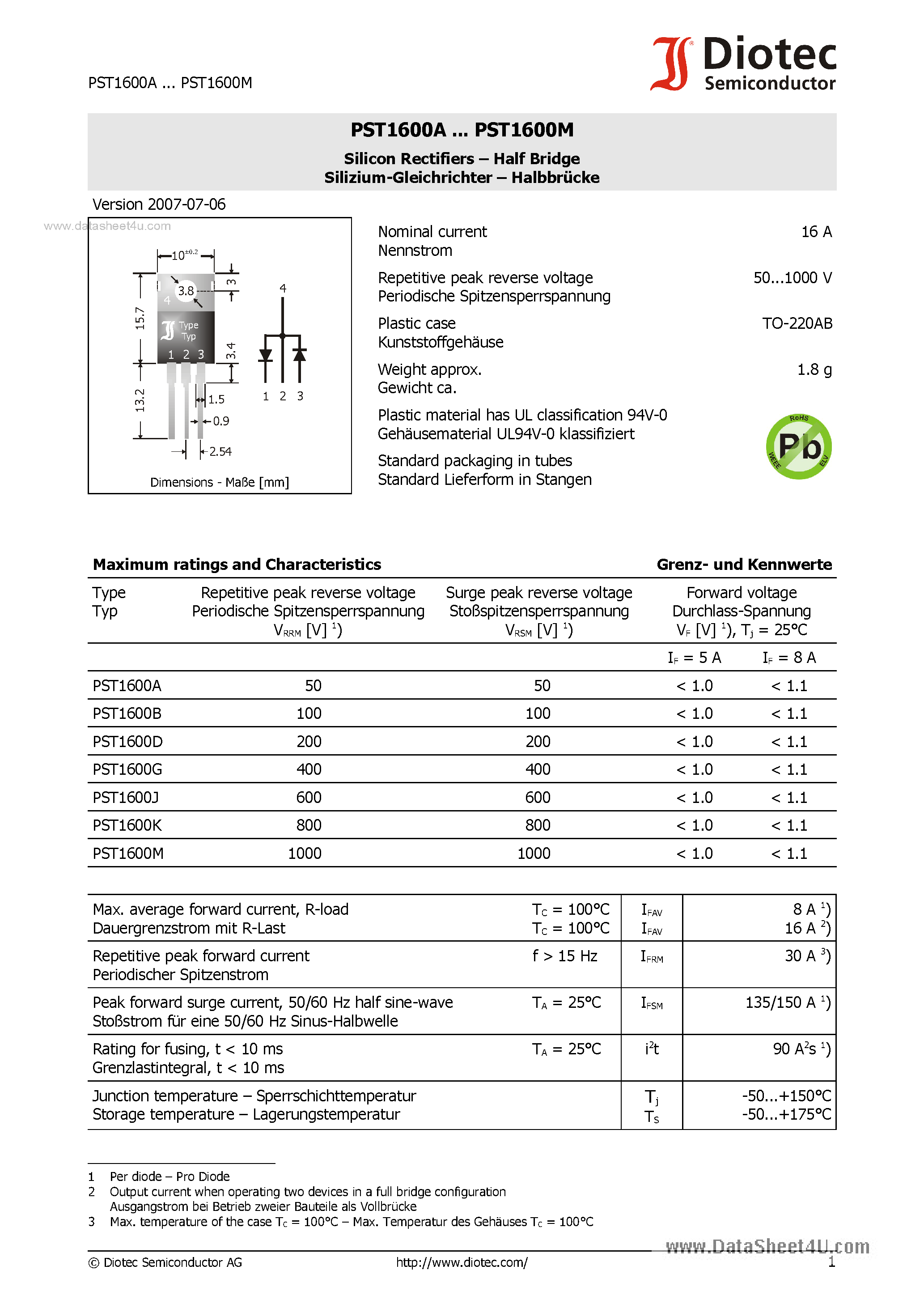 Datasheet PST1600A page 1 Datasheet PST1600A - (PST1600x) Silicon Rectifiers - Half Bridge page 1