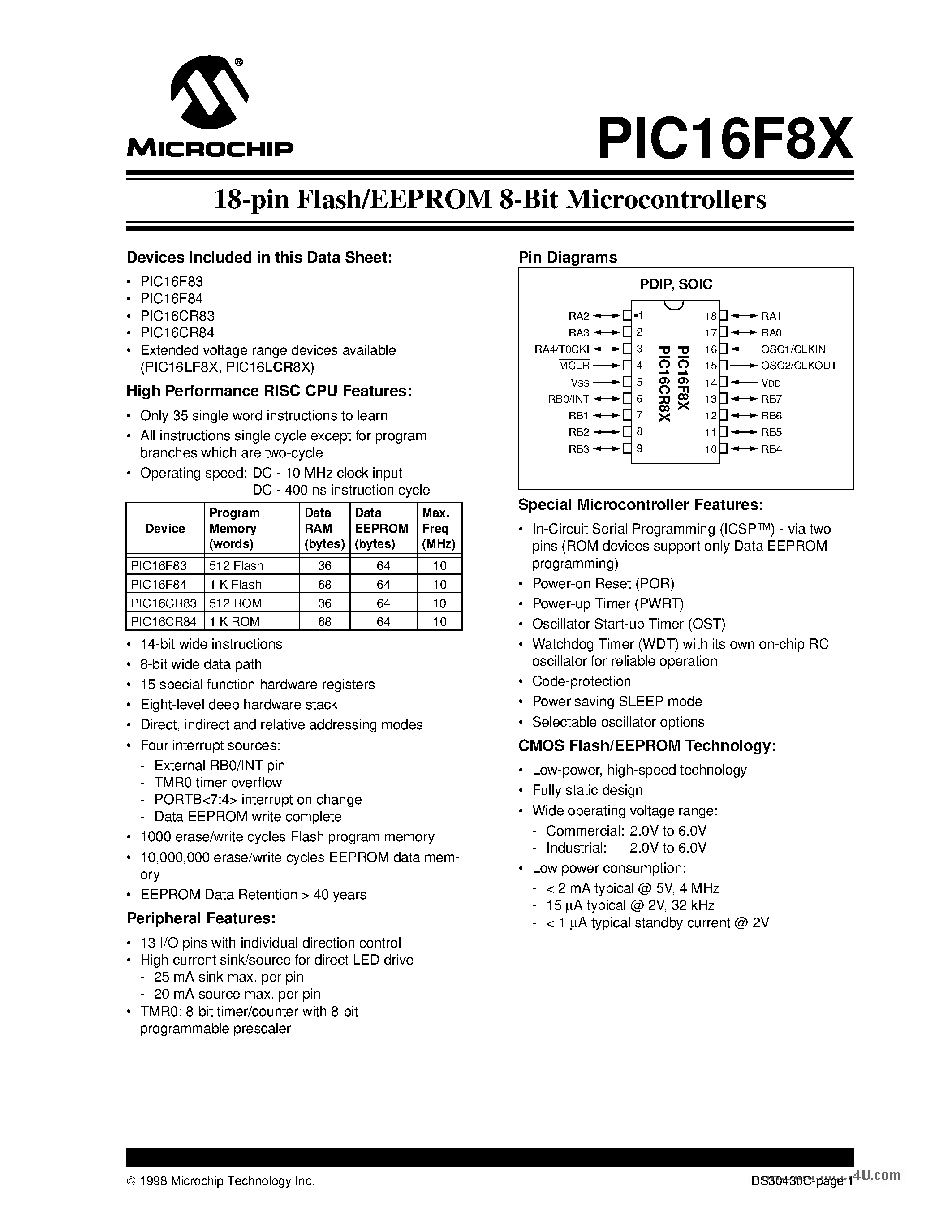 Даташит PIC1684 - (PIC16F8x) 18-pin Flash/EEPROM 8-Bit Microcontrollers страница 1