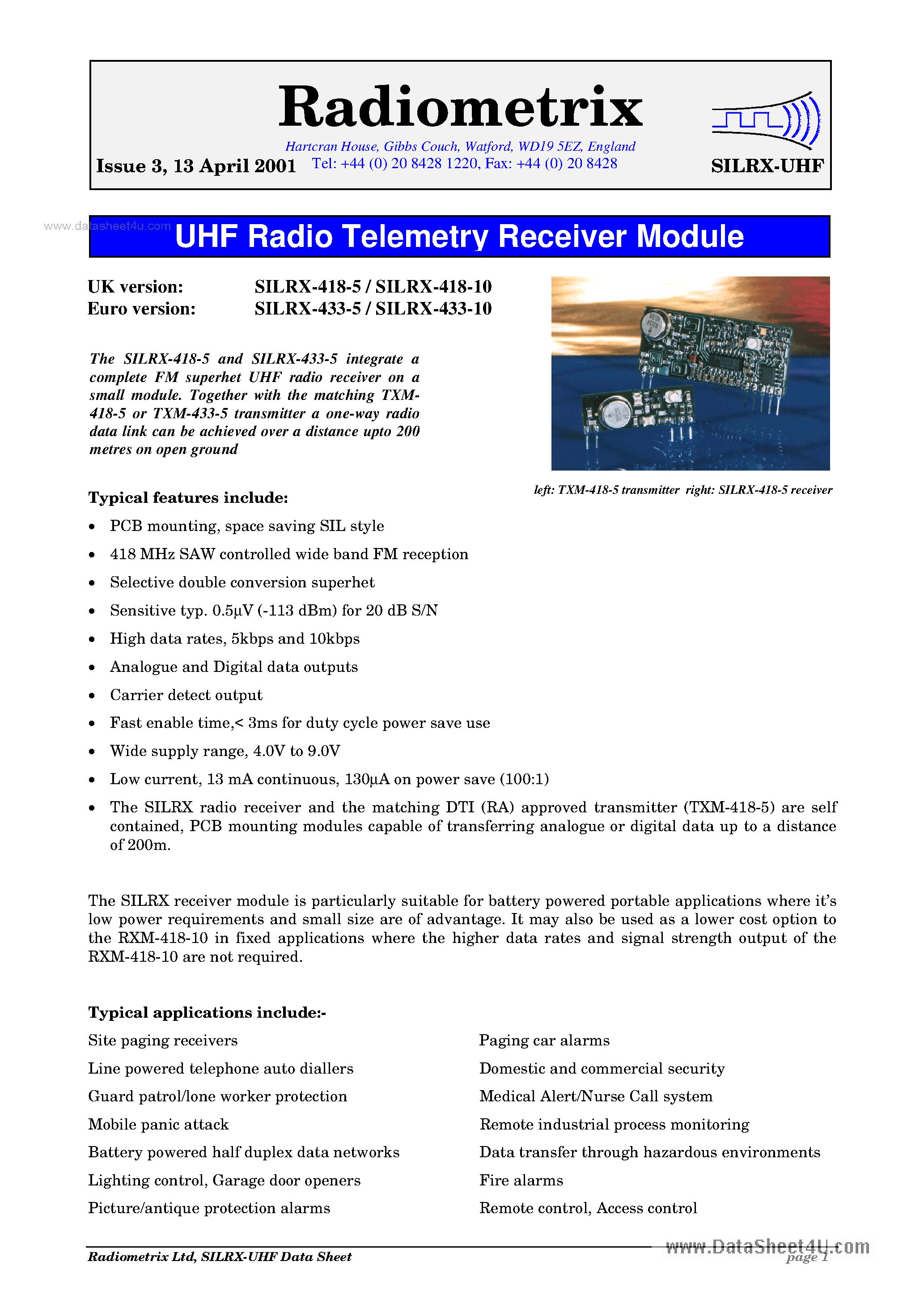 Datasheet SILRX-418-10 - (SILRX-4xx-xx) UHF Radio Telemetry Receiver Module page 1