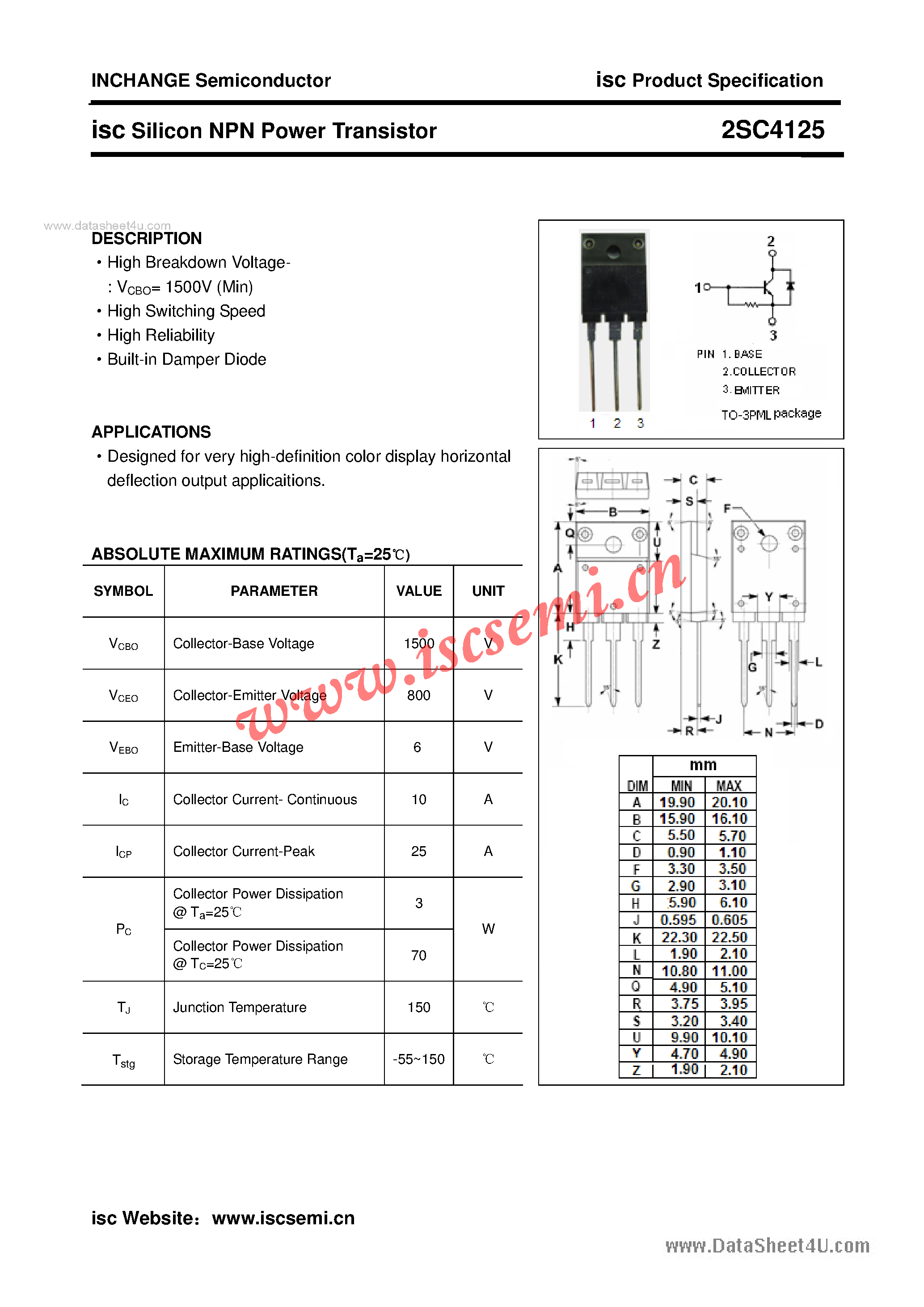 Datasheet 2SC4125 - Silicon NPN Power Transistor page 1