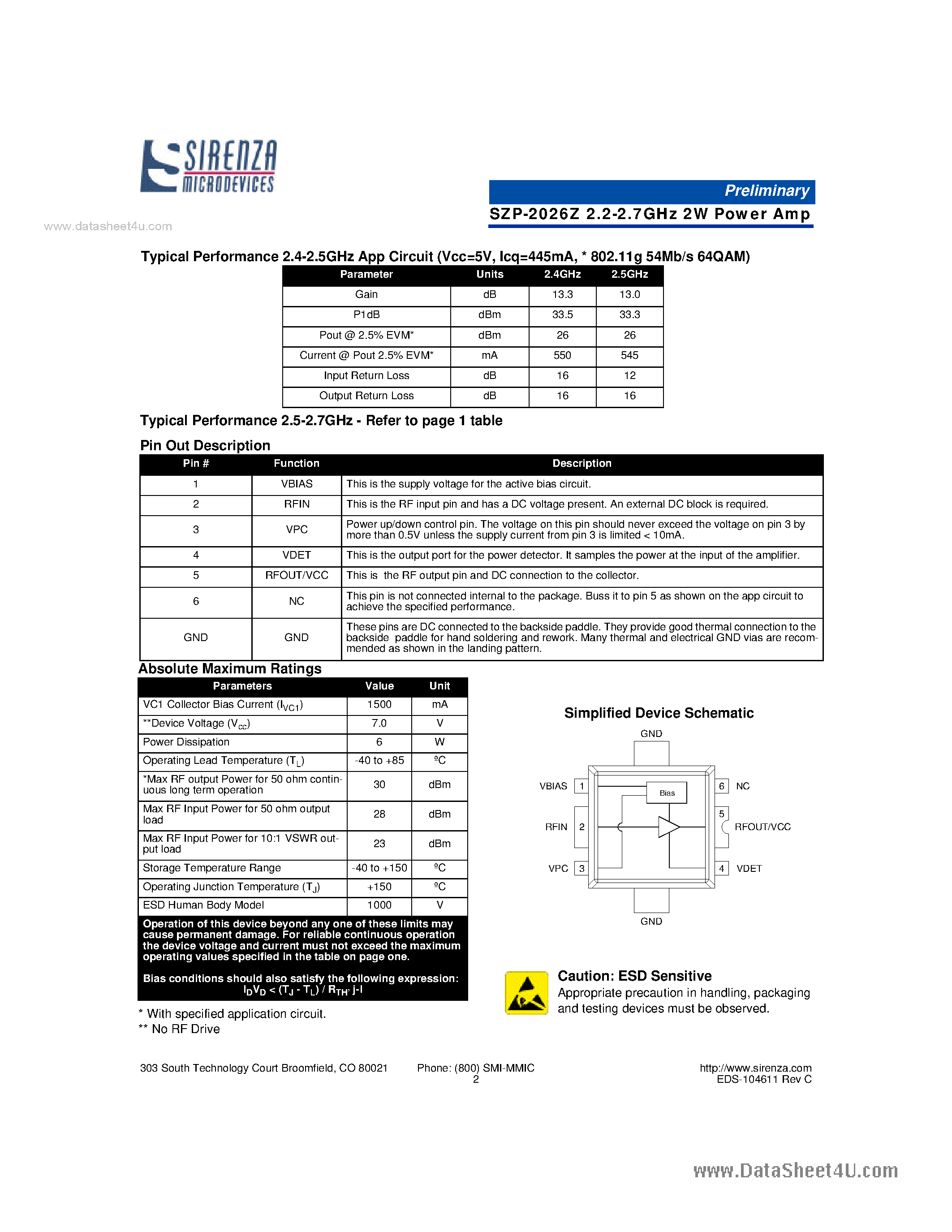Datasheet SZP-2026Z - 2.2-2.7GHz 2W InGaP Amplifier page 2