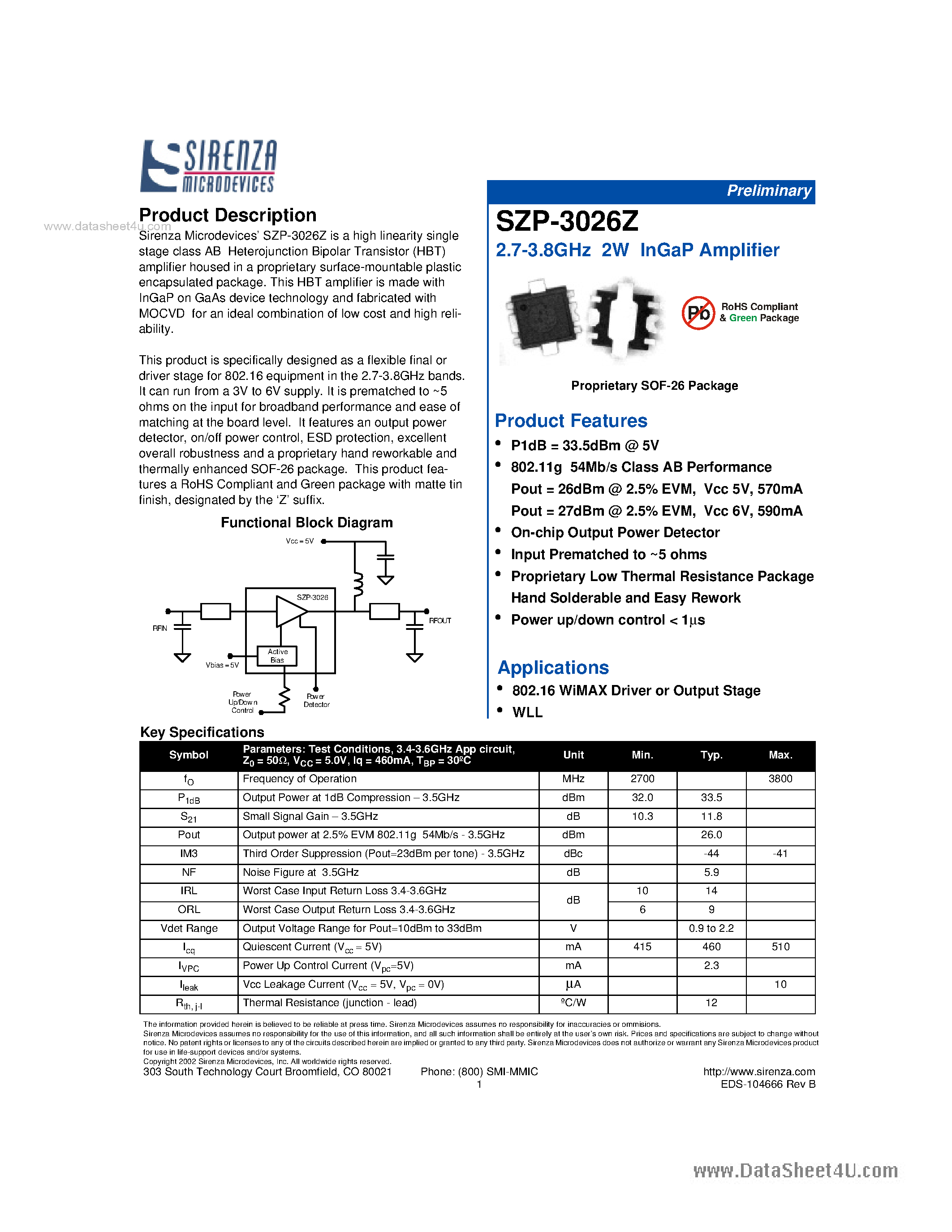 Даташит на микросхему SZP-3026Z страница 1 Даташит SZP-3026Z - 2.7-3.8GHz 2W InGaP Amplifier страница 1