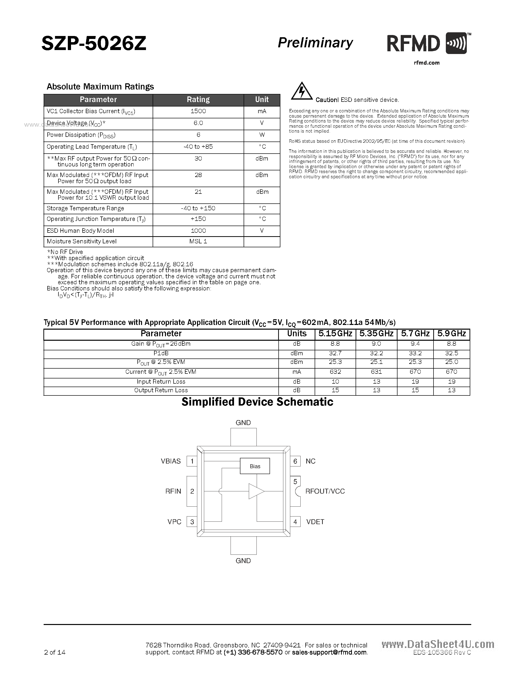 Datasheet SZP-5026Z page 2 Datasheet SZP-5026Z - 4.9GHz to 5.9GHz 2W InGaP AMPLIFIER page 2