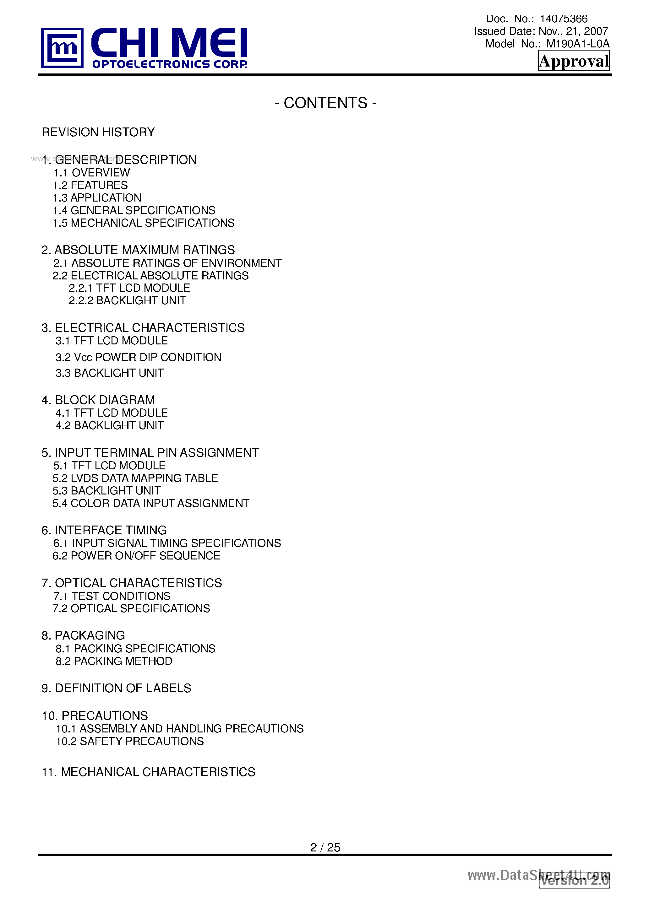 Даташит на микросхему M190A1-L0A страница 2 Даташит M190A1-L0A - TFT LCD страница 2