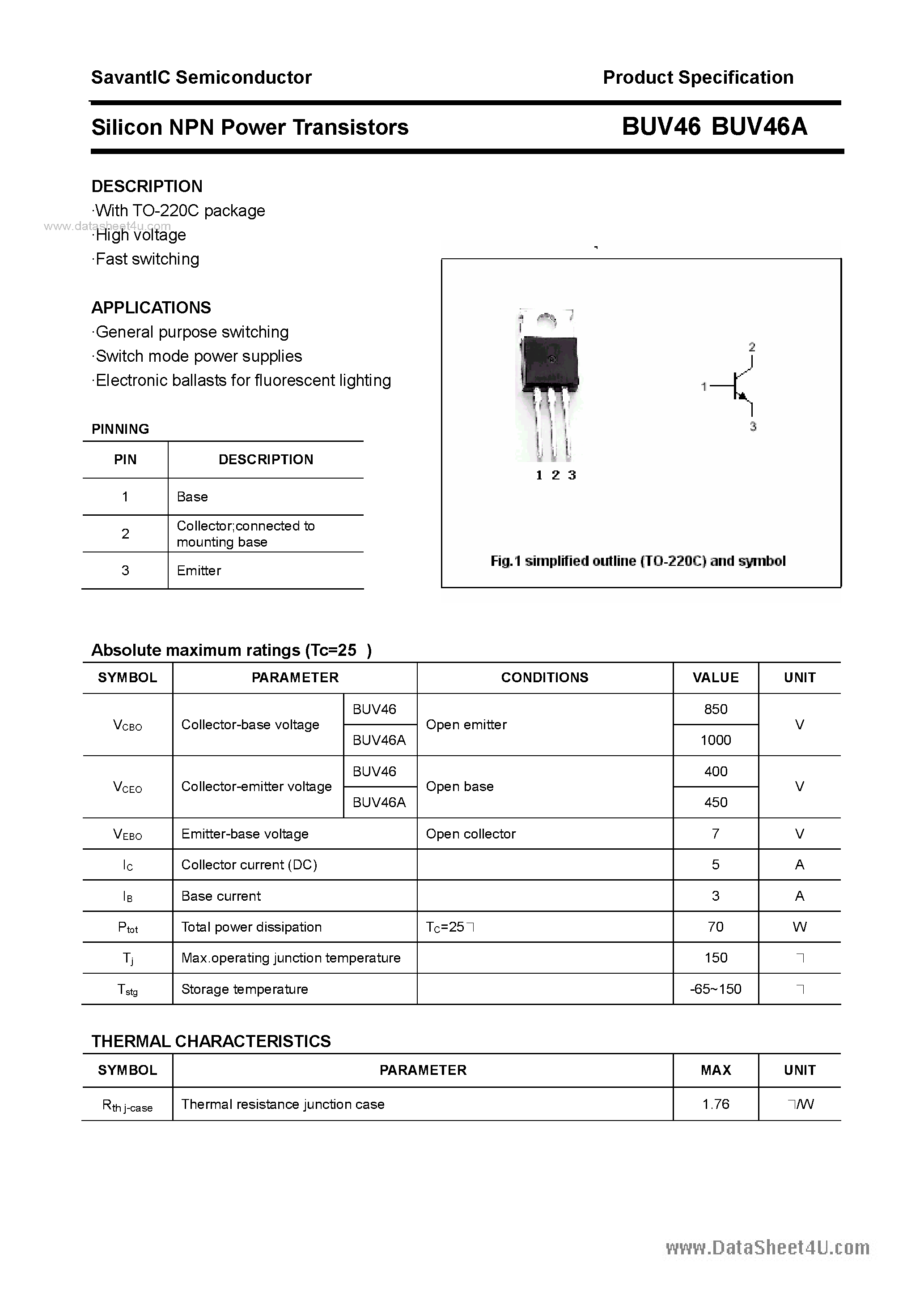 Даташит BUV46 - SILICON POWER TRANSISTOR страница 1