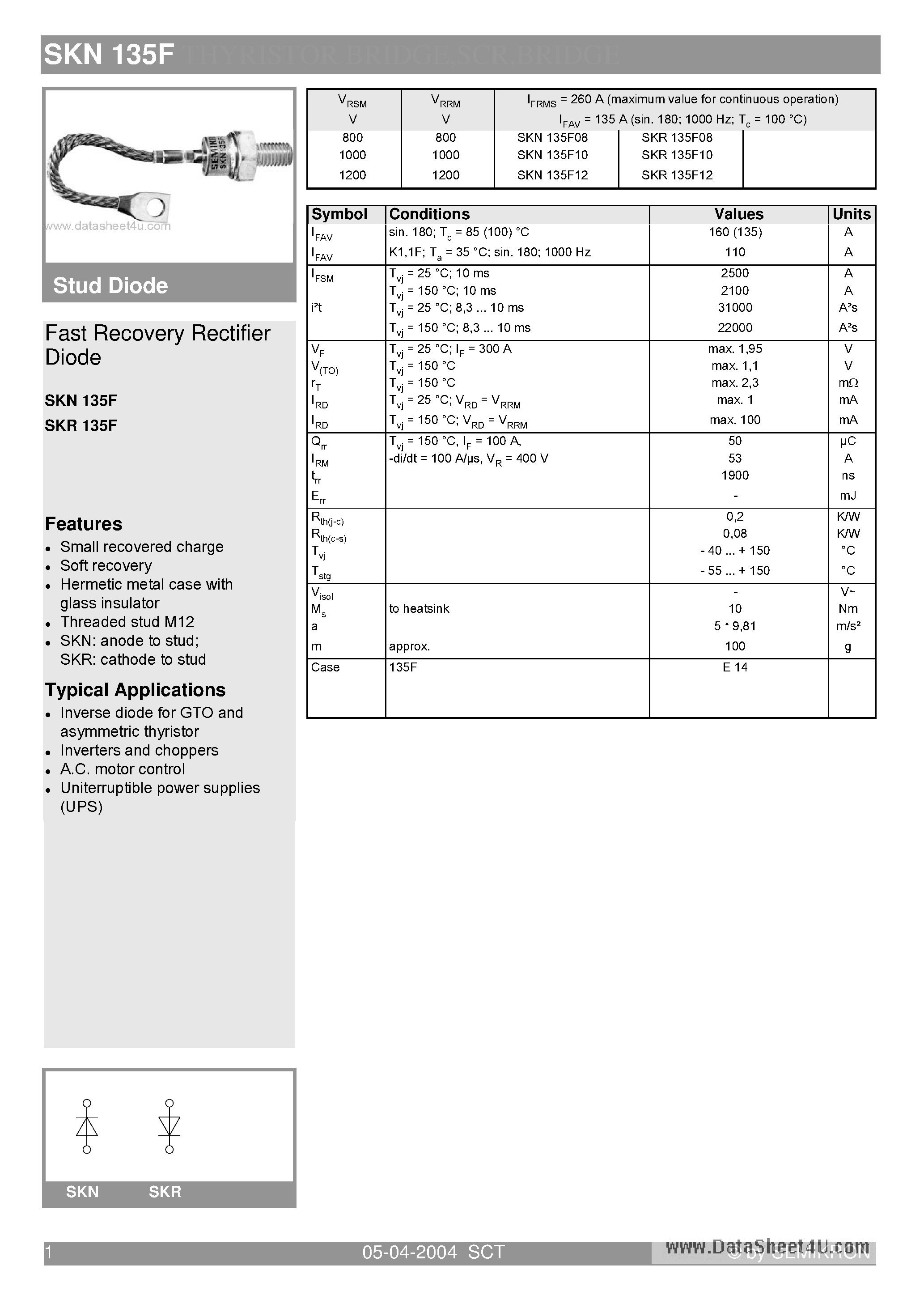 Datasheet SKN135F page 1 Datasheet SKN135F - Fast Recovery Rectifier Diode page 1