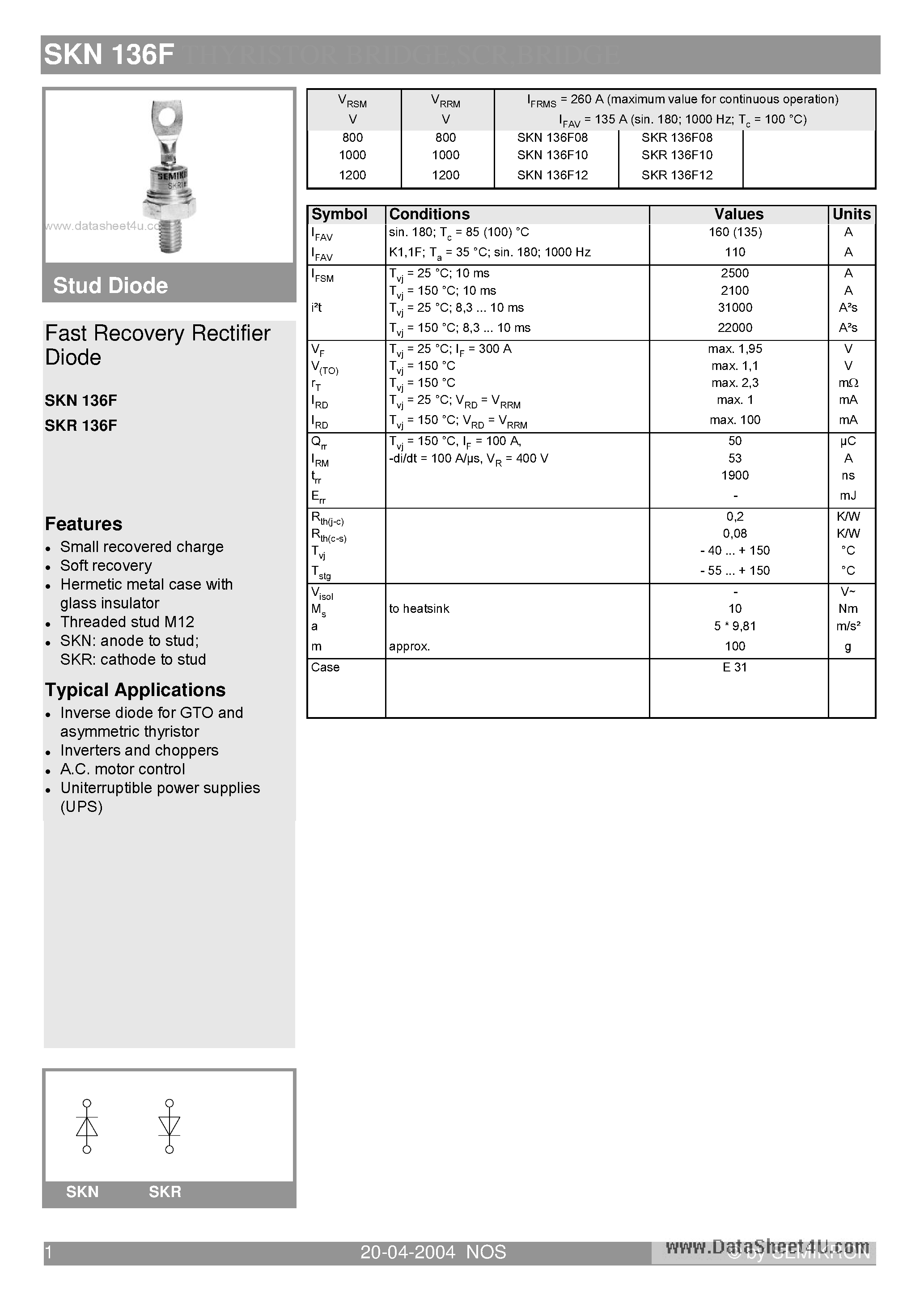 Datasheet SKN136F page 1 Datasheet SKN136F - Fast Recovery Rectifier Diode page 1