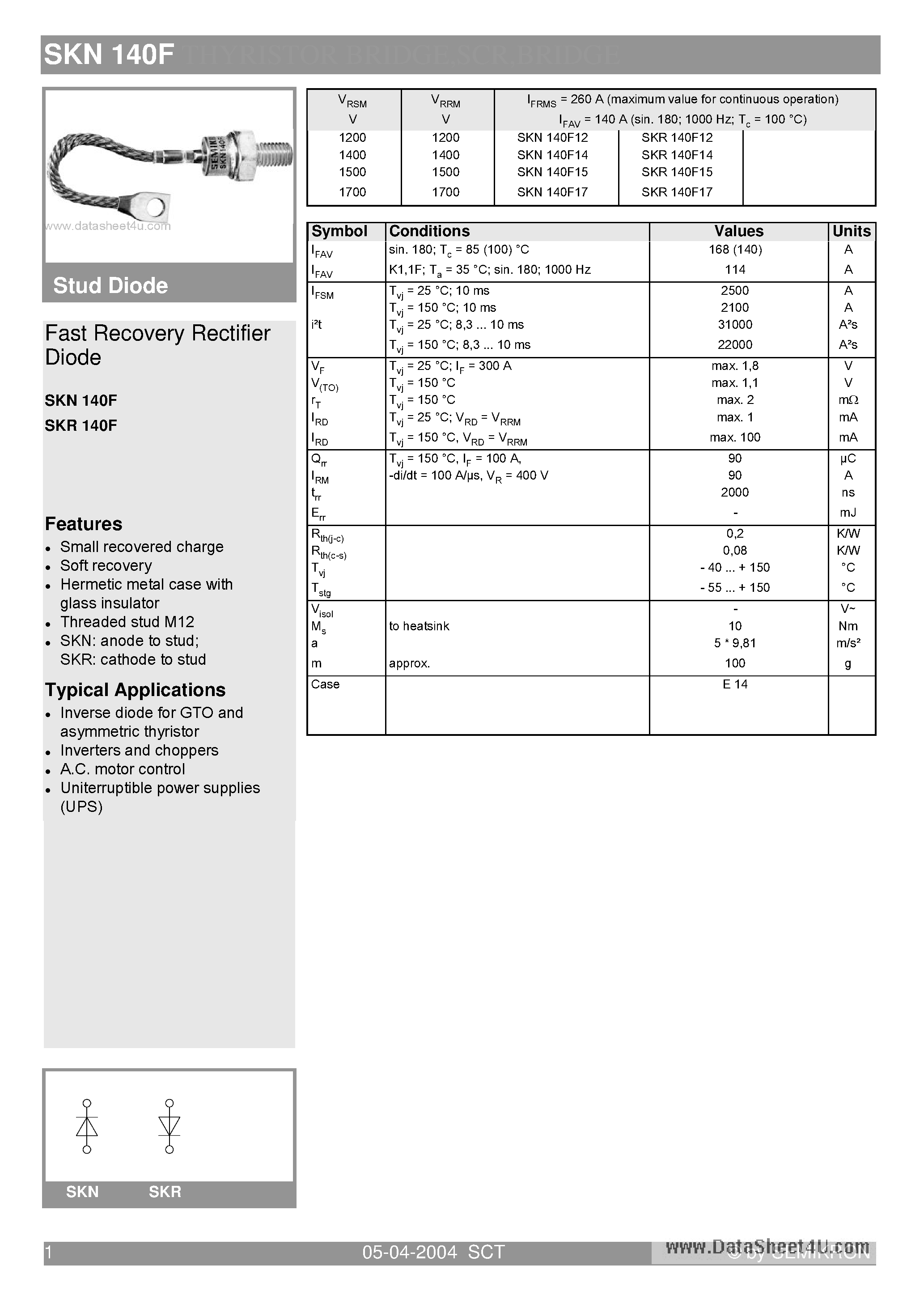 Datasheet SKN140F page 1 Datasheet SKN140F - Fast Recovery Rectifier Diode page 1