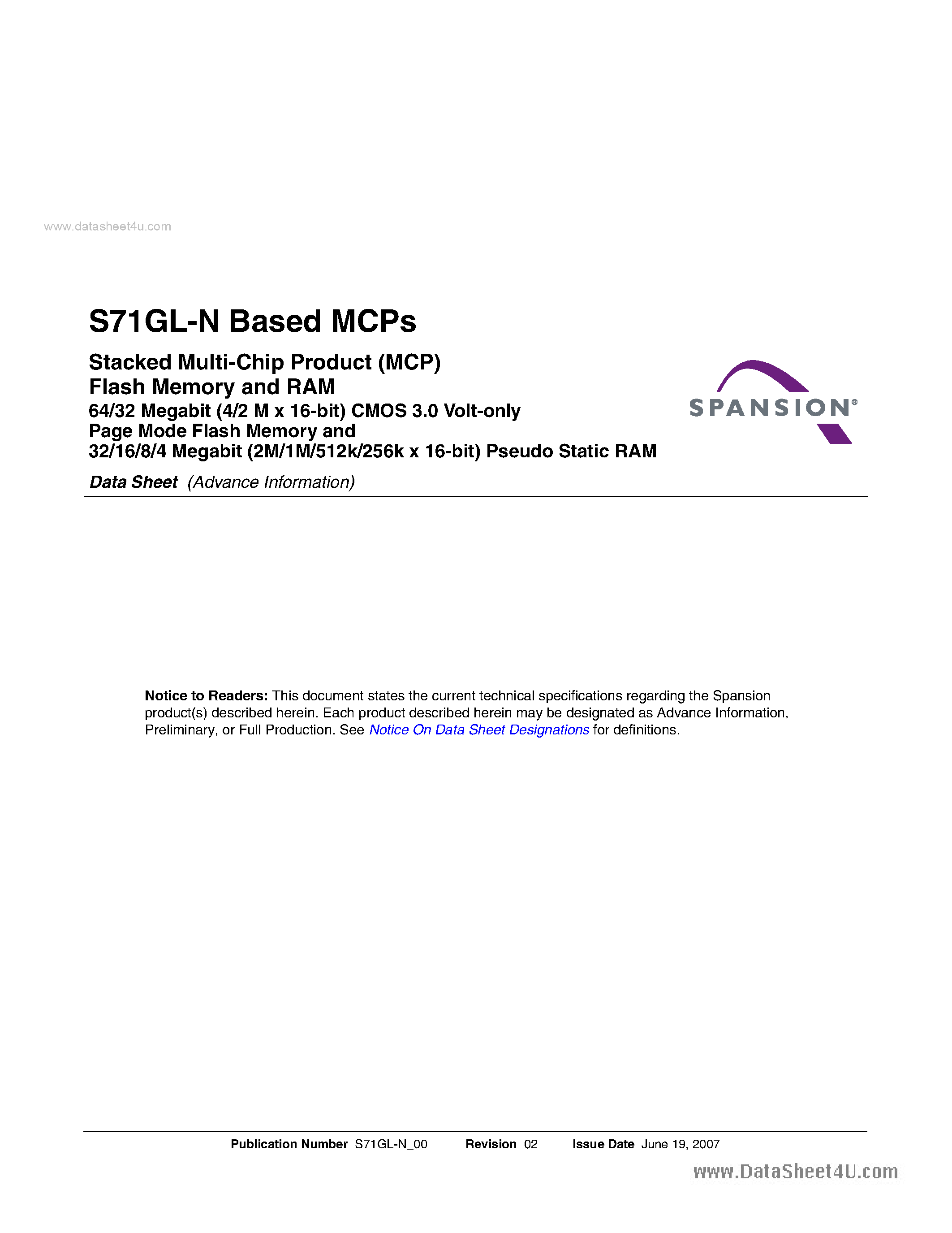 Даташит на микросхему S71GL064N страница 1 Даташит S71GL064N - Stacked Multi-Chip Product (MCP) Flash Memory and RAM страница 1