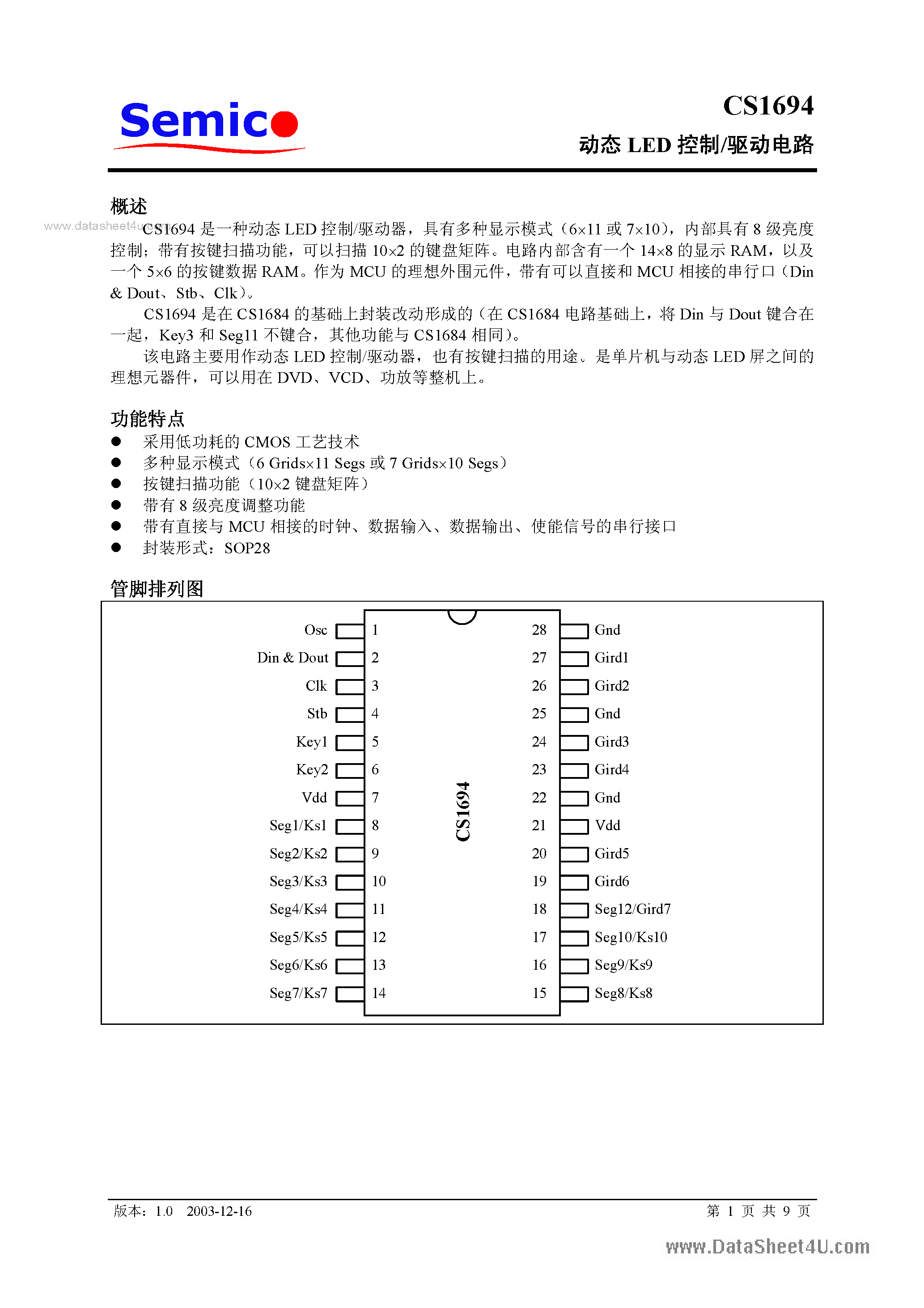 Даташит на микросхему CS1694 страница 1 Даташит CS1694 - LED страница 1