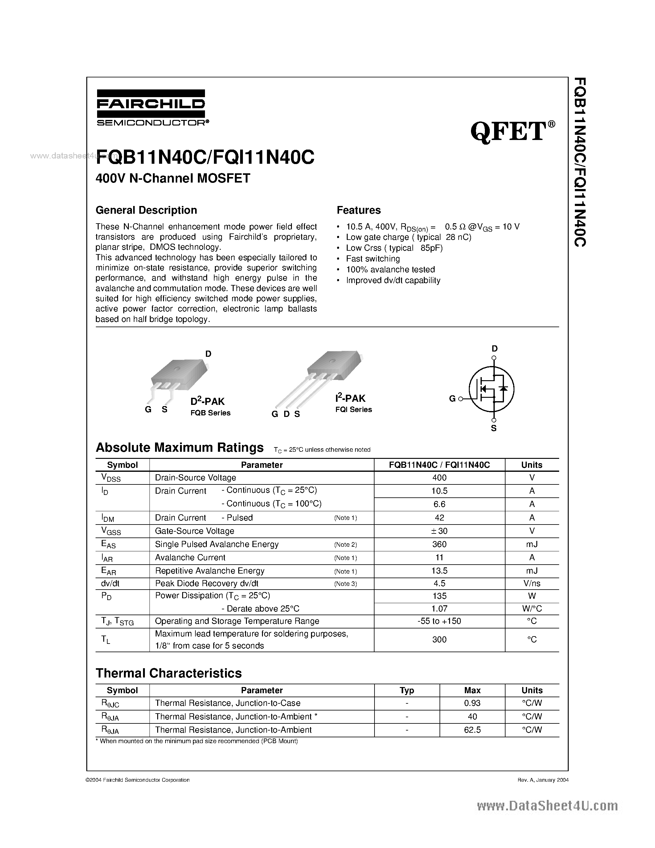 Datasheet FQI11N40C - 400V N-Channel MOSFET page 1