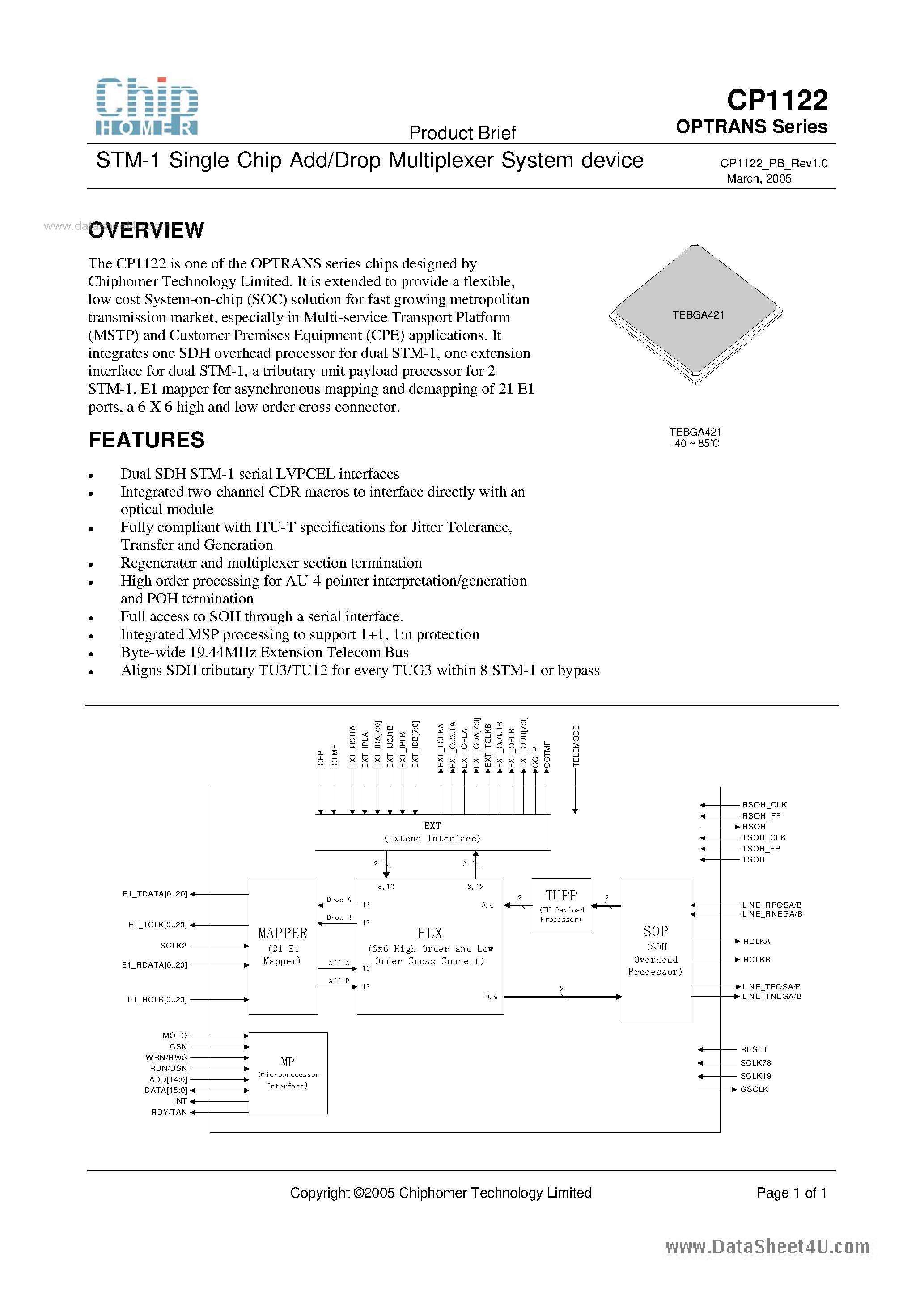 Datasheet CP1122 page 1 Datasheet CP1122 - STM-1 Single Chip Add/Drop Multiplexer System Device page 1