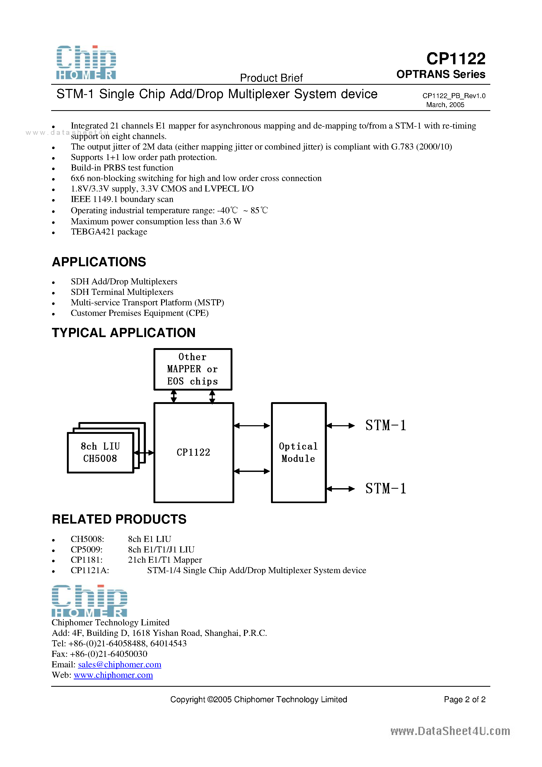 Datasheet CP1122 page 2 Datasheet CP1122 - STM-1 Single Chip Add/Drop Multiplexer System Device page 2