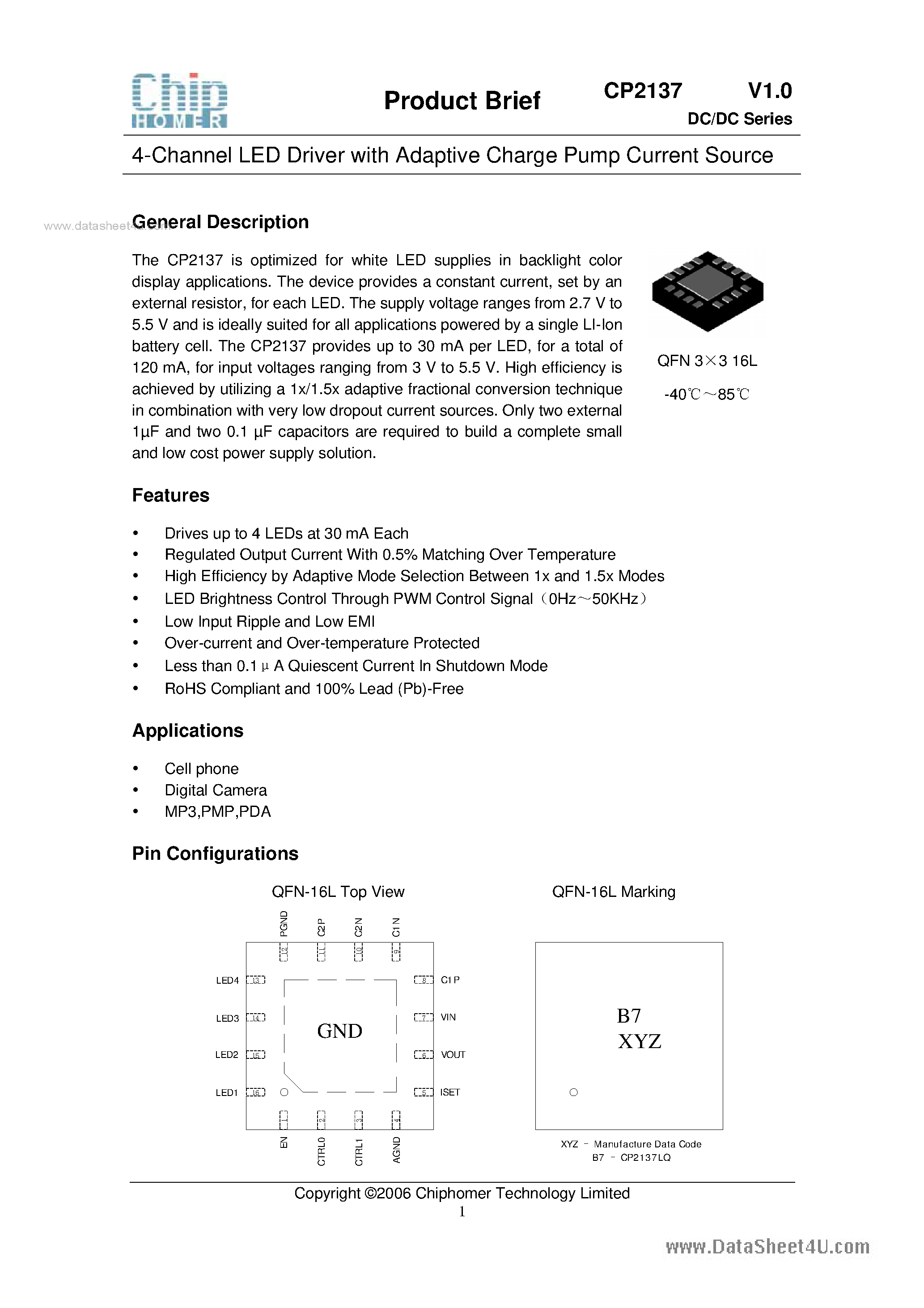 Datasheet CP2137 - 4-Channel LED Driver page 1