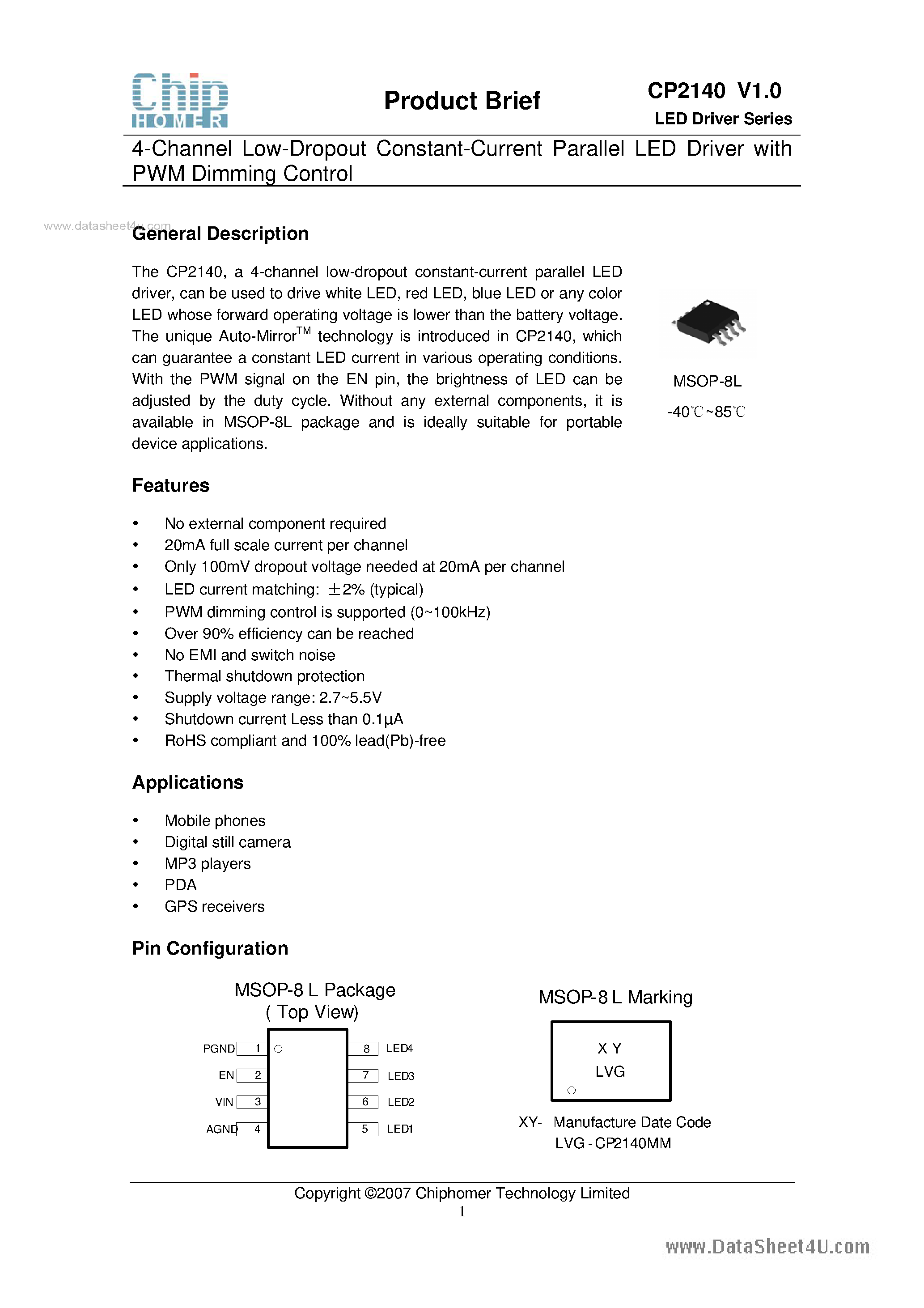 Datasheet CP2140 - 4-Channel Low-Dropout Constant-Current Parallel LED Driver page 1
