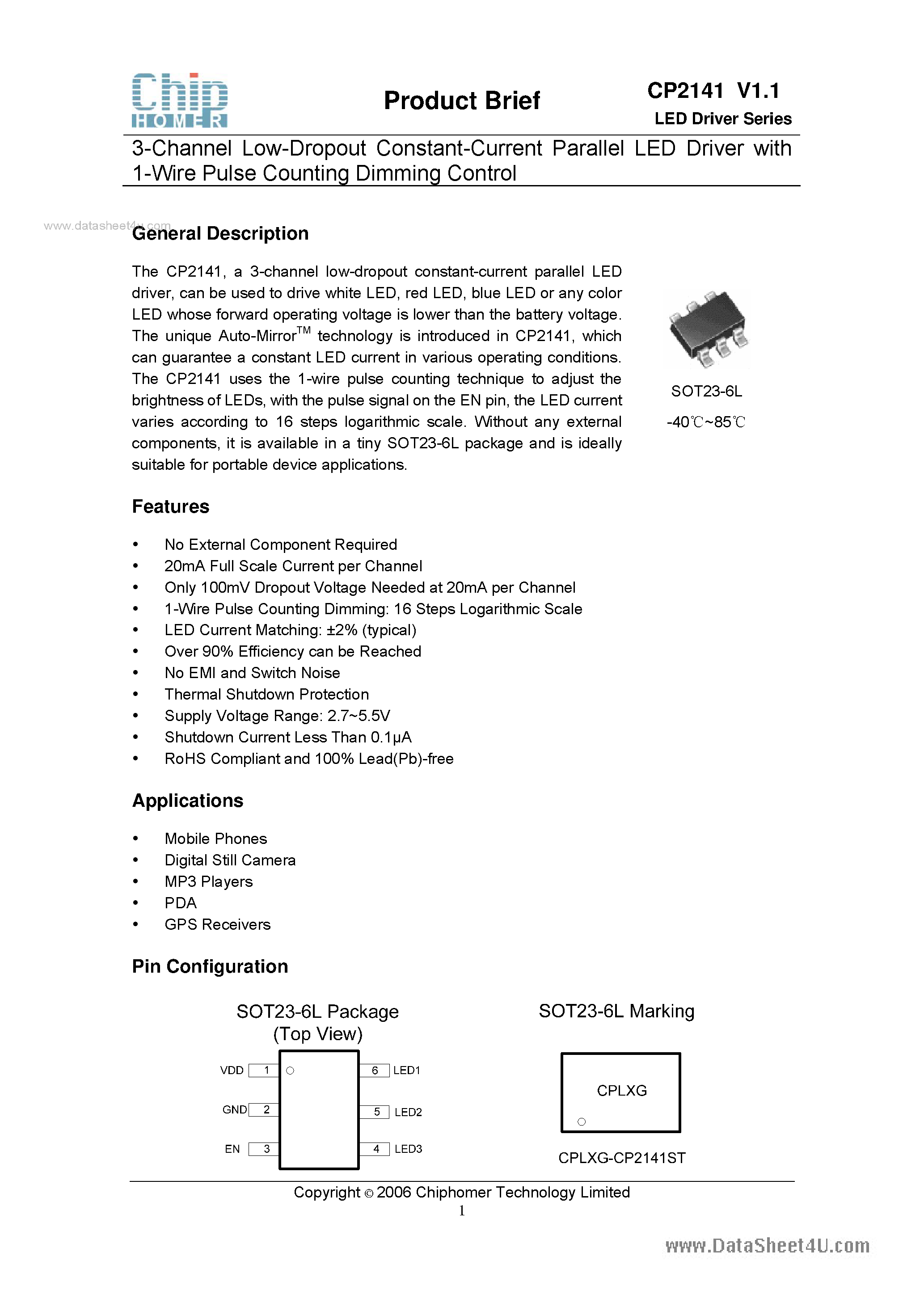 Datasheet CP2141 - 3-Channel Low-Dropout Constant-Current Parallel LED Driver page 1