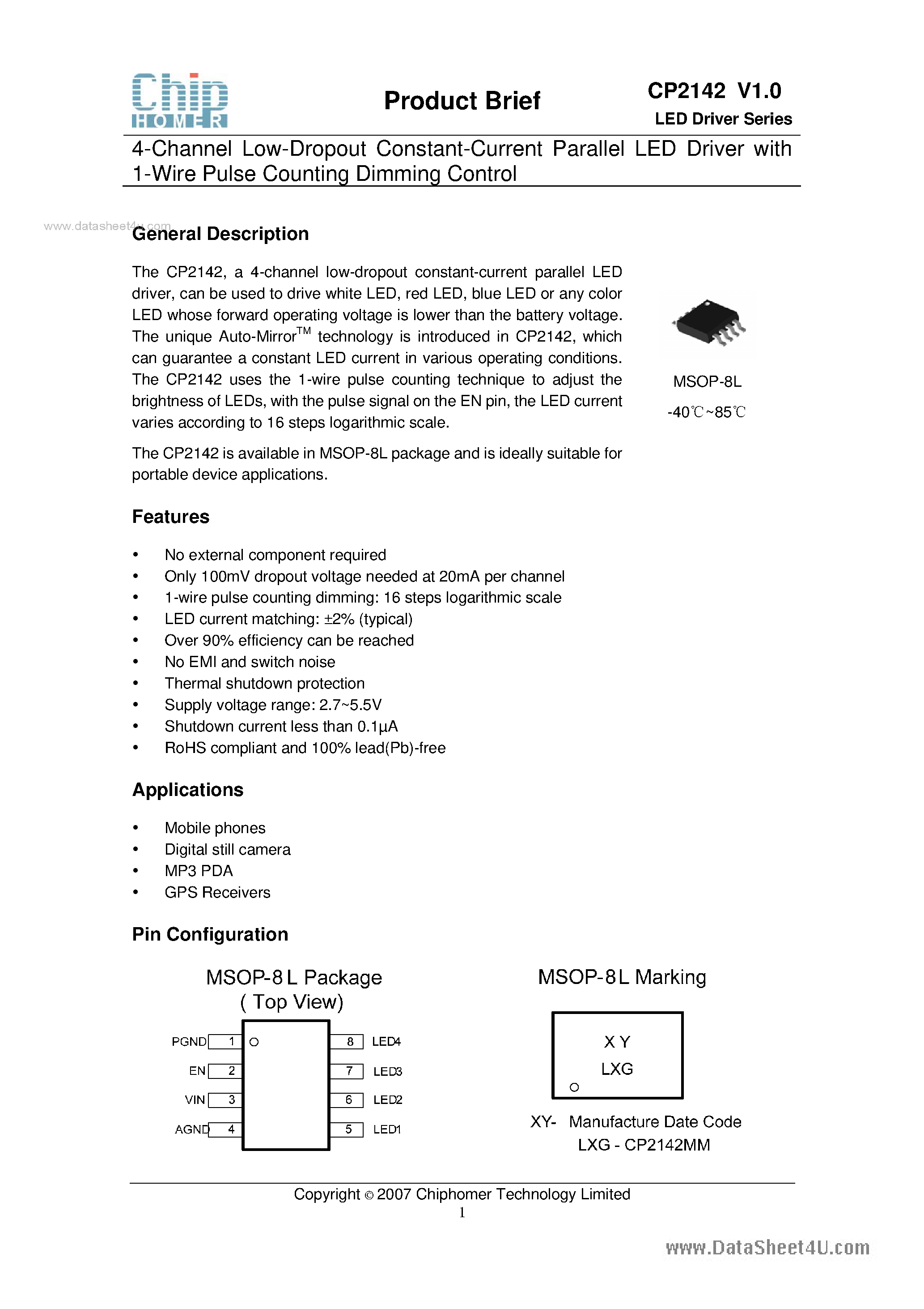 Datasheet CP2142 - 4-Channel Low-Dropout Constant-Current Parallel LED Driver page 1
