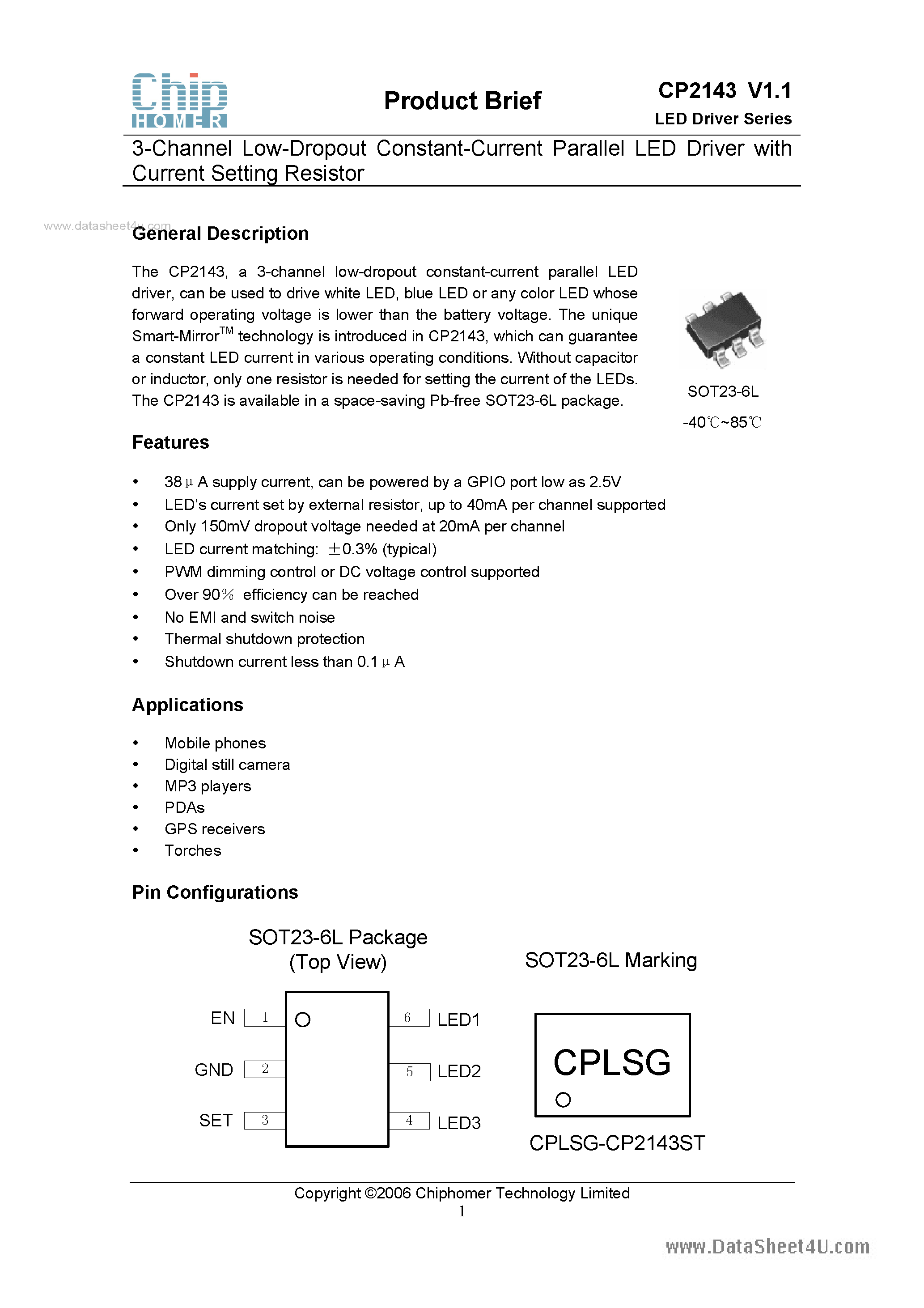 Datasheet CP2143 page 1 Datasheet CP2143 - 3-Channel Low-Dropout Constant-Current Parallel LED Driver page 1