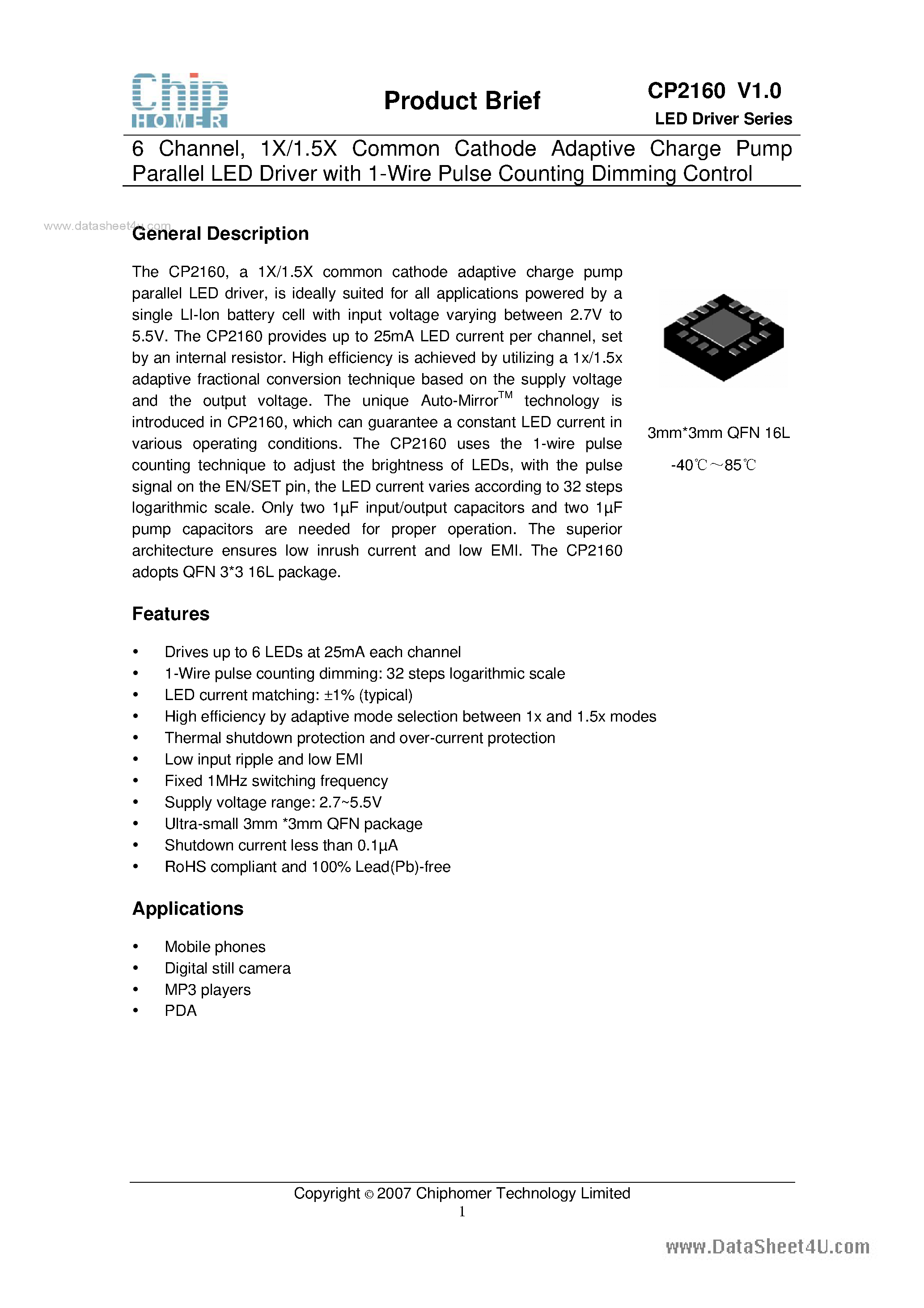 Даташит на микросхему CP2160 страница 1 Даташит CP2160 - 1X/1.5X Common Cathode Adaptive Charge Pump Parallel LED Driver страница 1