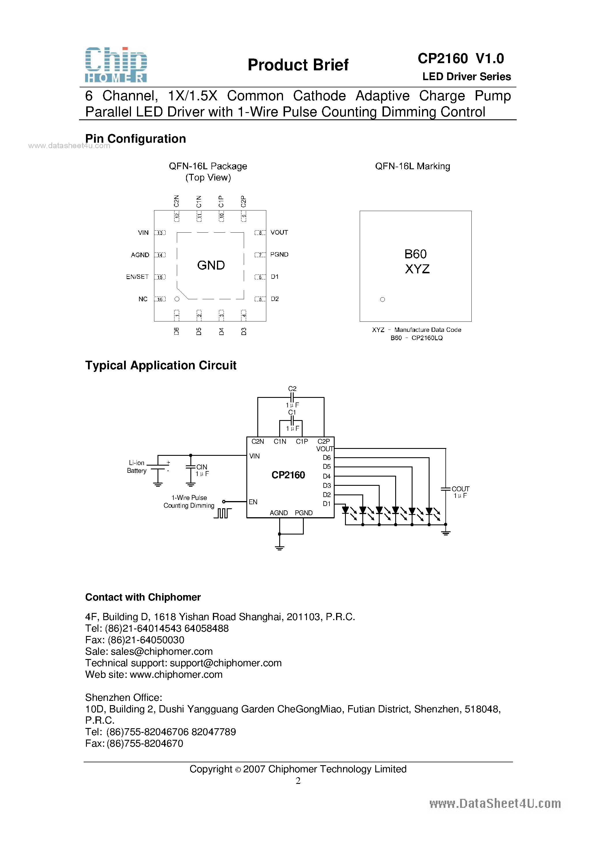 Даташит на микросхему CP2160 страница 2 Даташит CP2160 - 1X/1.5X Common Cathode Adaptive Charge Pump Parallel LED Driver страница 2