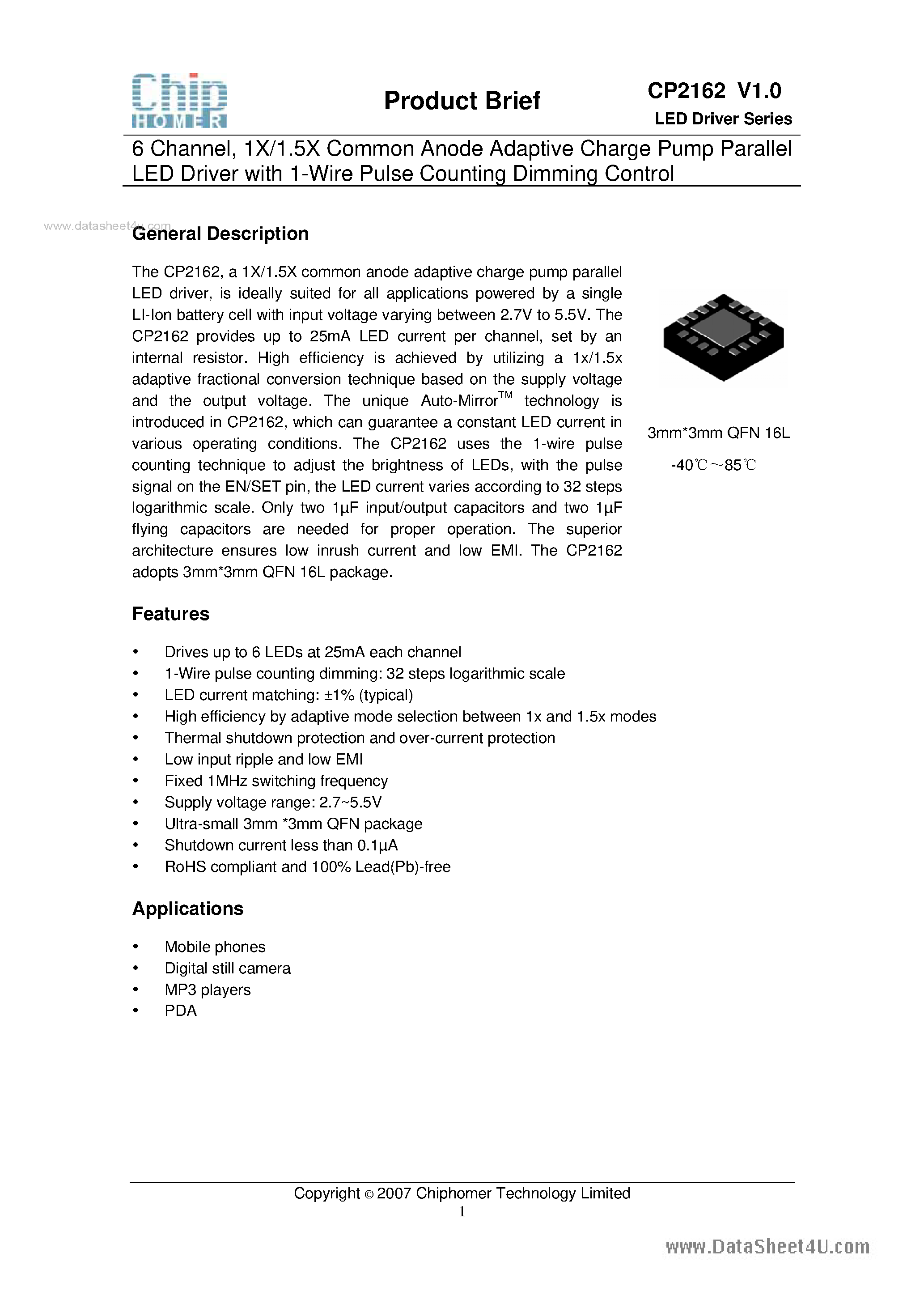 Даташит на микросхему CP2162 страница 1 Даташит CP2162 - 1X/1.5X Common Anode Adaptive Charge Pump Parallel LED Driver страница 1