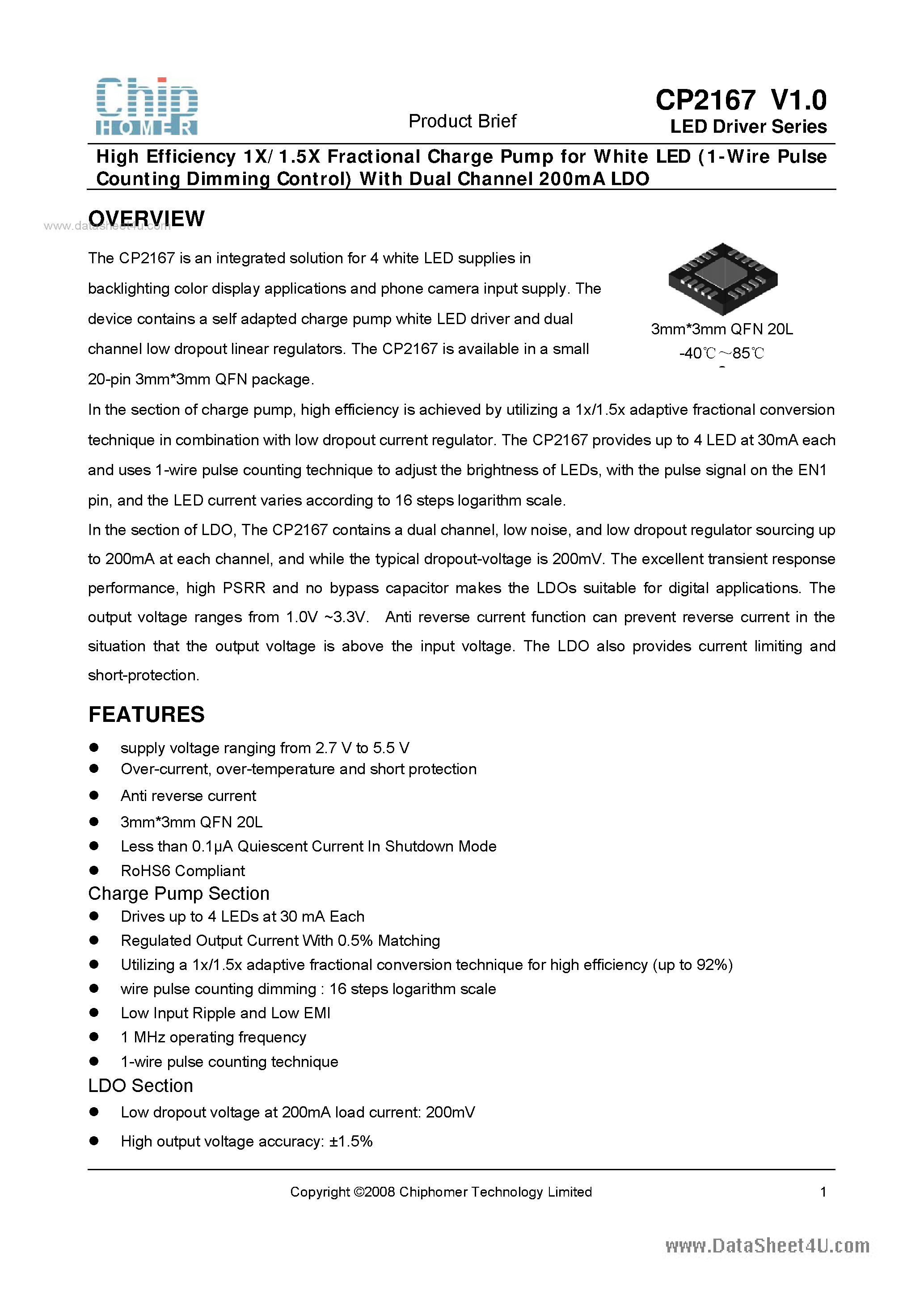Даташит на микросхему CP2167 страница 1 Даташит CP2167 - High Efficiency 1X/1.5X Fractional Charge Pump страница 1