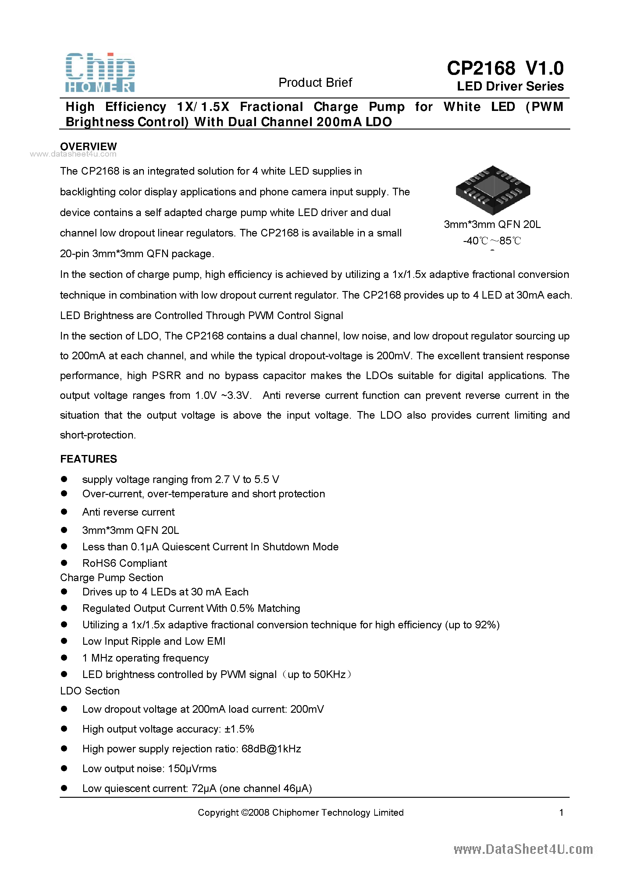 Даташит на микросхему CP2168 страница 1 Даташит CP2168 - High Efficiency 1X/1.5X Fractional Charge Pump страница 1