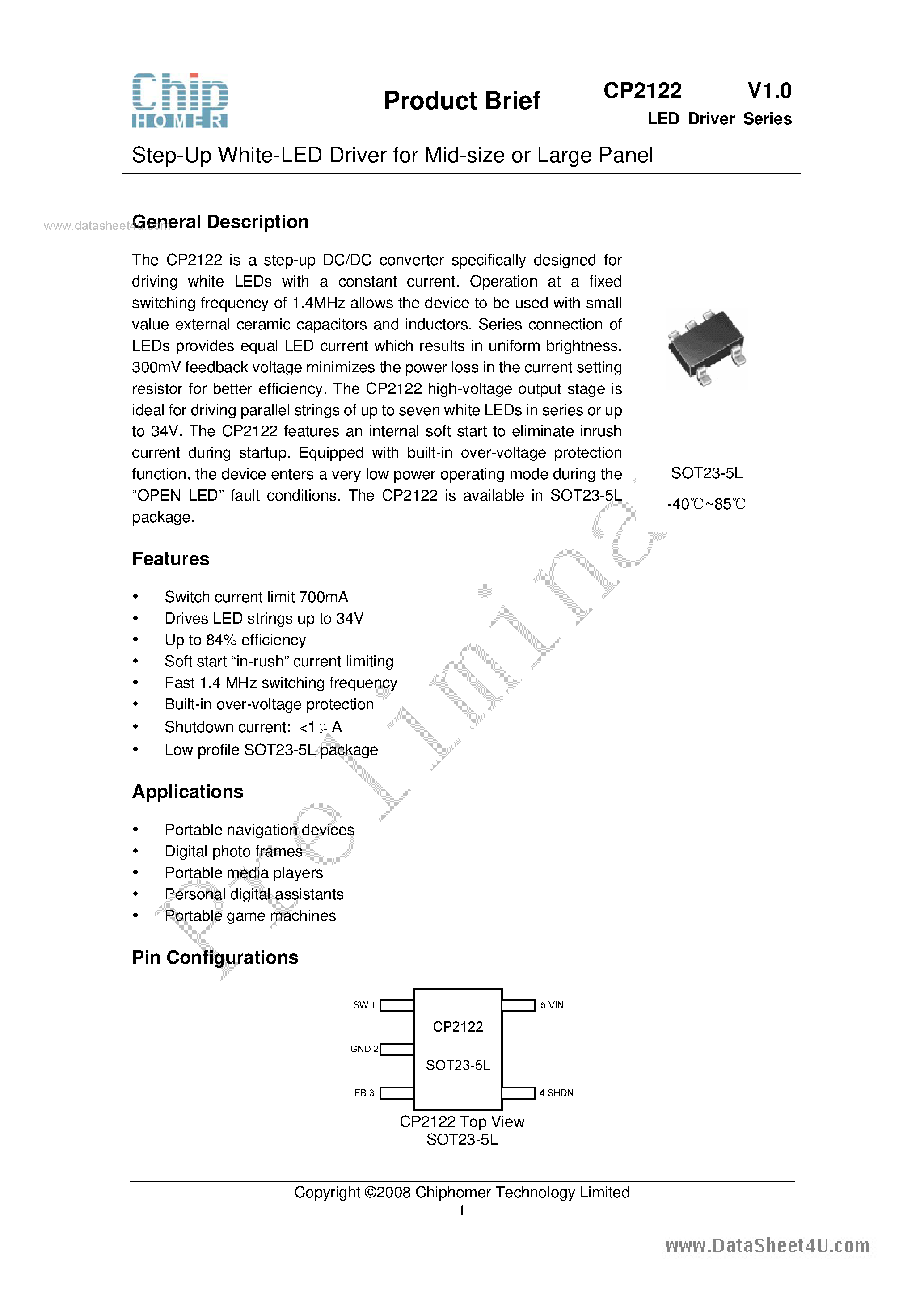 Даташит на микросхему CP2122 страница 1 Даташит CP2122 - Step-Up White-LED Driver страница 1