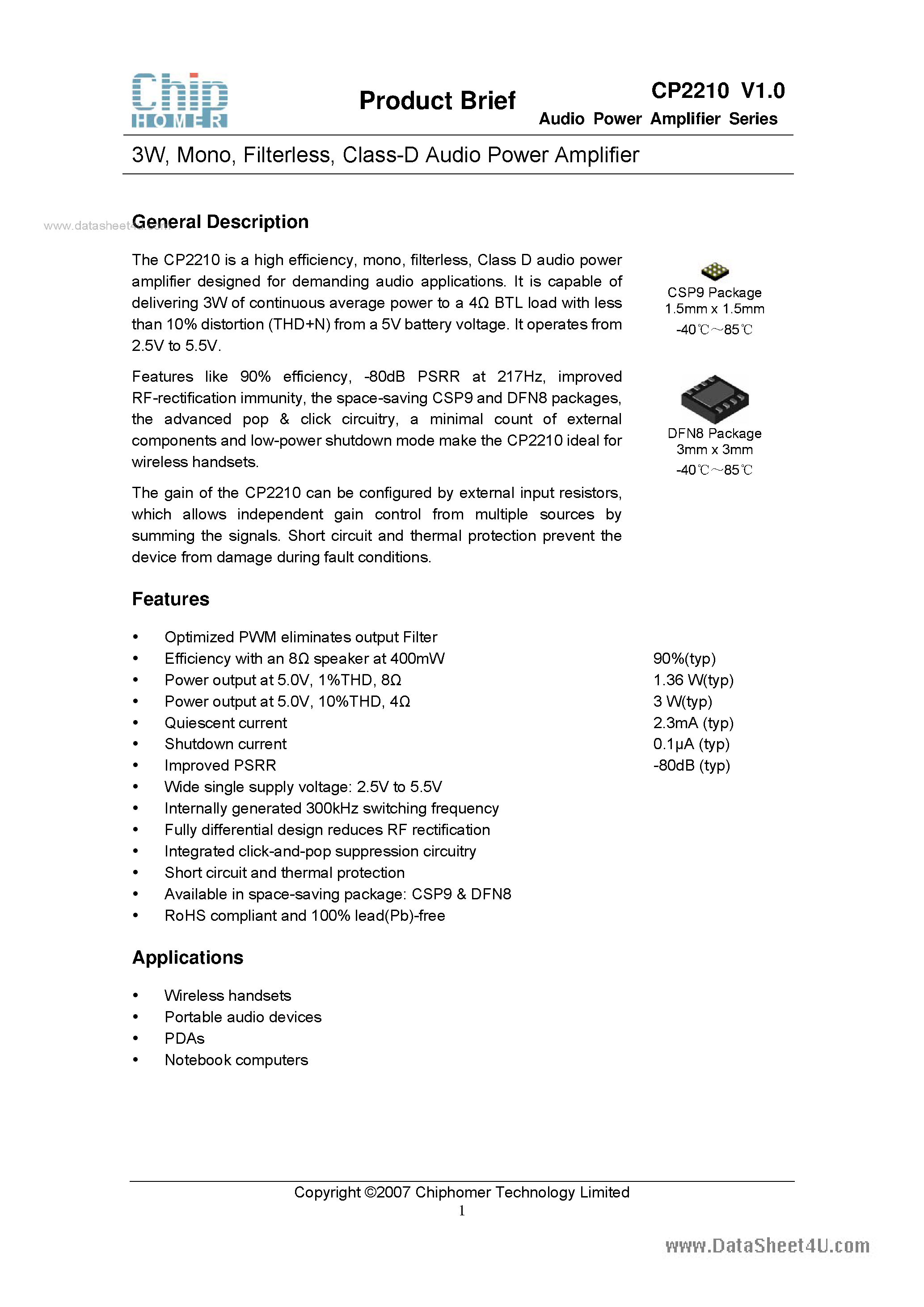 Даташит на микросхему CP2210 страница 1 Даташит CP2210 - Class-D Audio Power Amplifier страница 1
