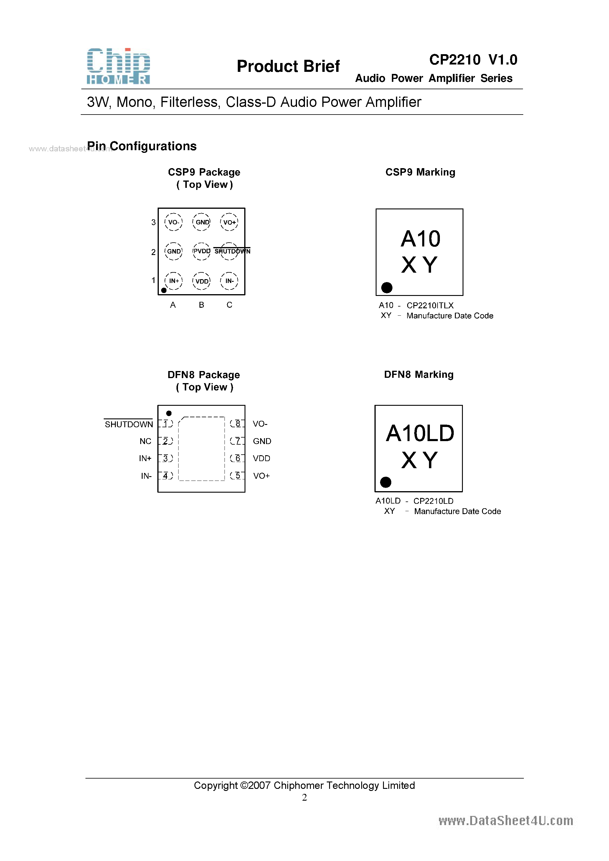 Даташит на микросхему CP2210 страница 2 Даташит CP2210 - Class-D Audio Power Amplifier страница 2