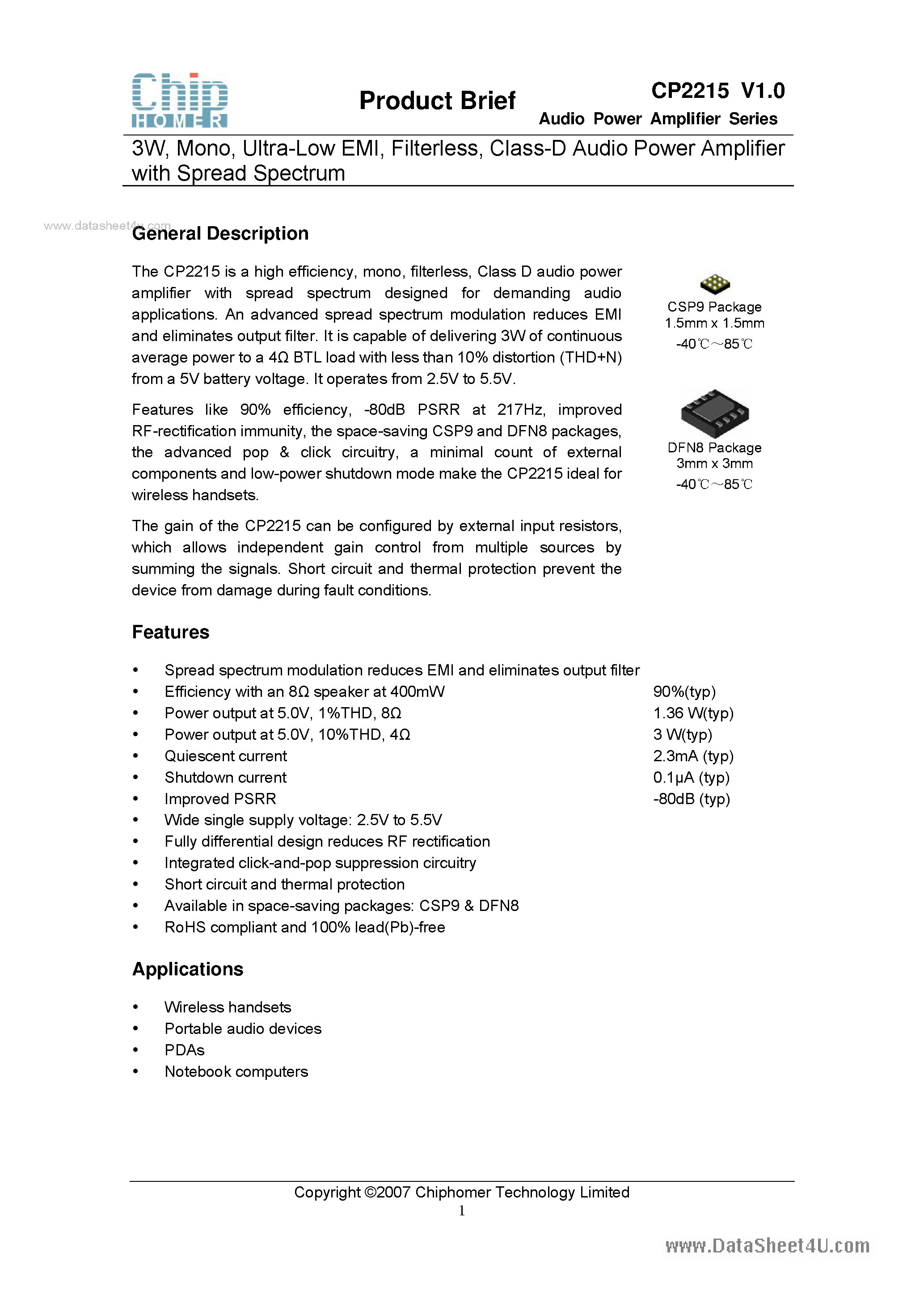 Даташит на микросхему CP2215 страница 1 Даташит CP2215 - Class-D Audio Power Amplifier страница 1