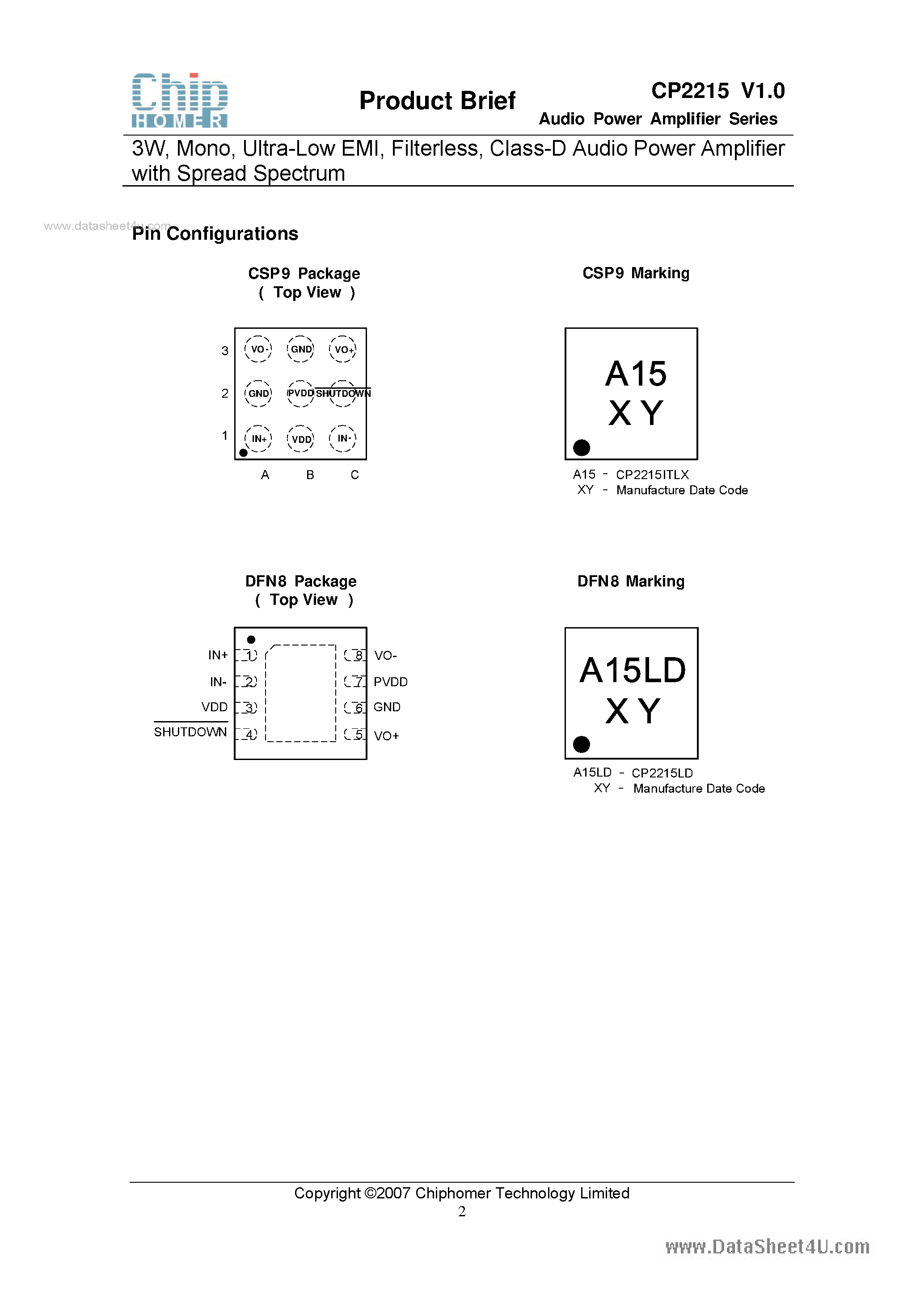 Даташит на микросхему CP2215 страница 2 Даташит CP2215 - Class-D Audio Power Amplifier страница 2