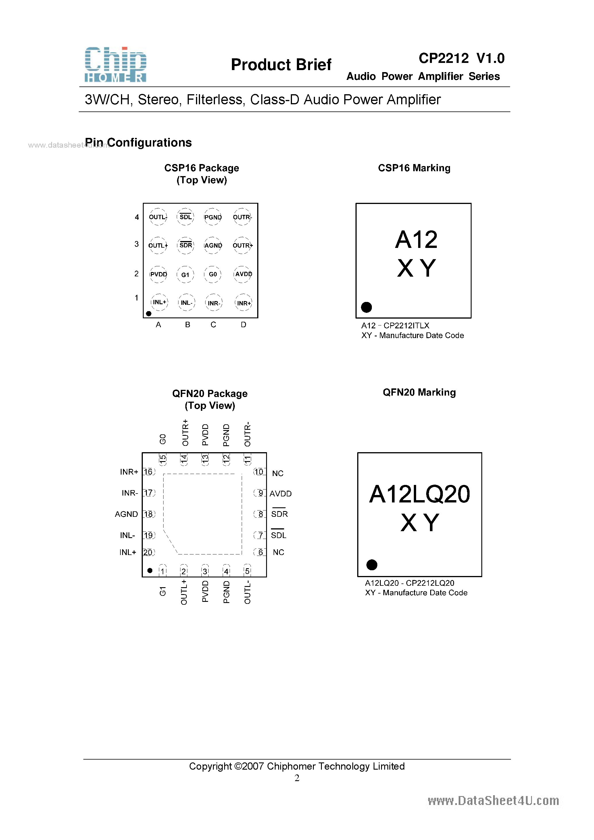 Даташит на микросхему CP2212 страница 2 Даташит CP2212 - Class-D Audio Power Amplifier страница 2