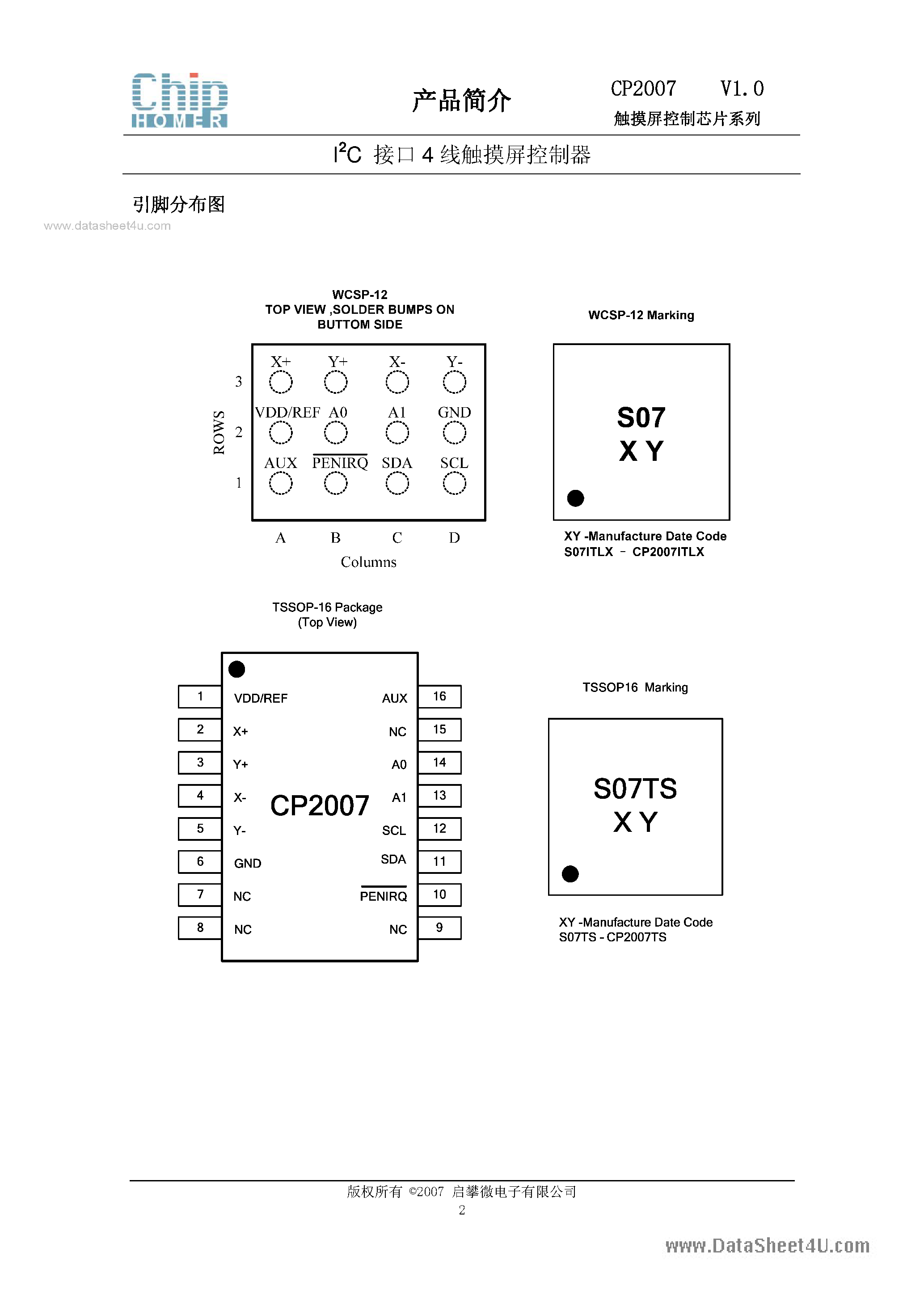 Datasheet CP2007 page 2 Datasheet CP2007 - 4-Wire Touch Screen Controller page 2
