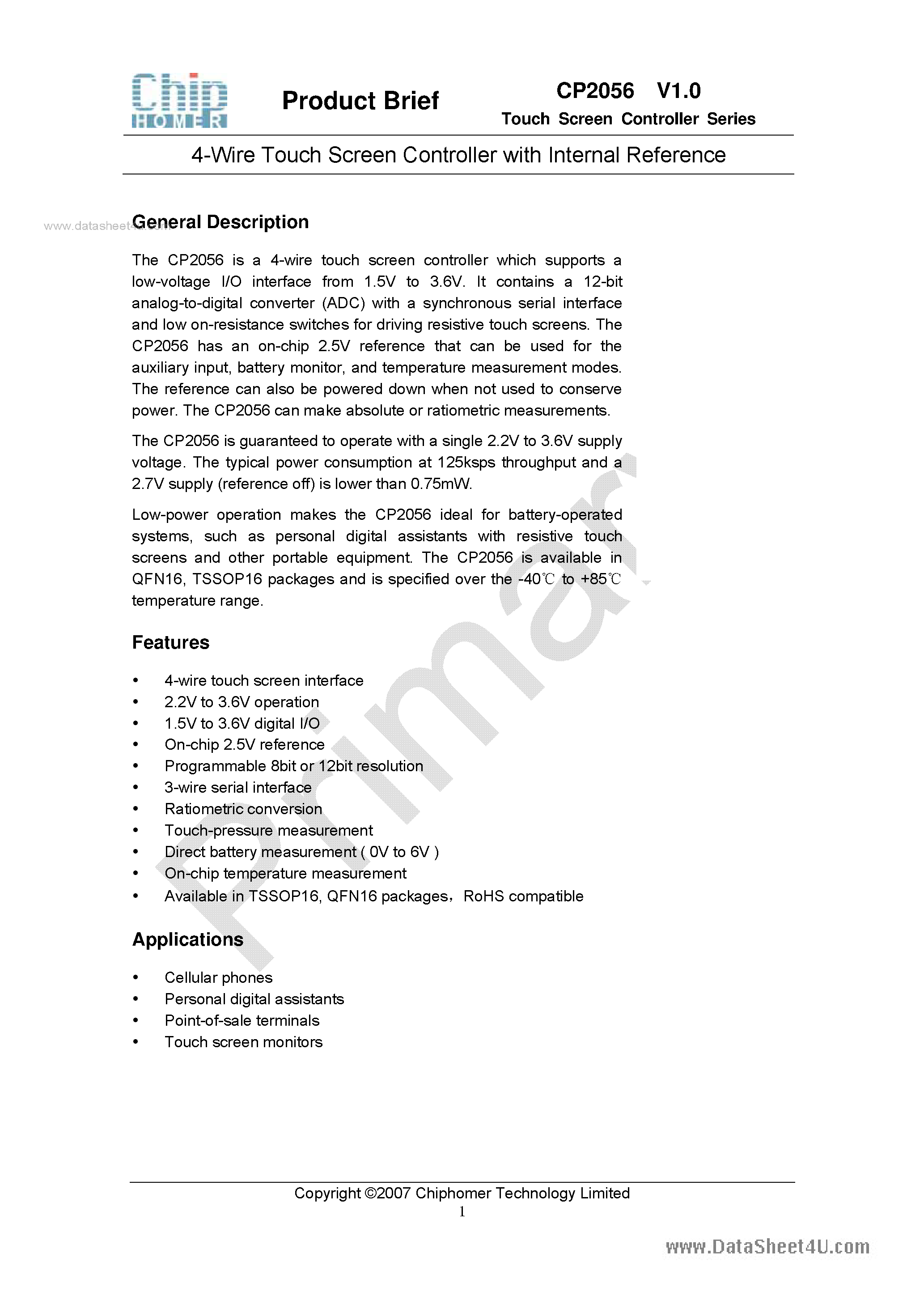 Datasheet CP2056 - 4-Wire Touch Screen Controller page 1
