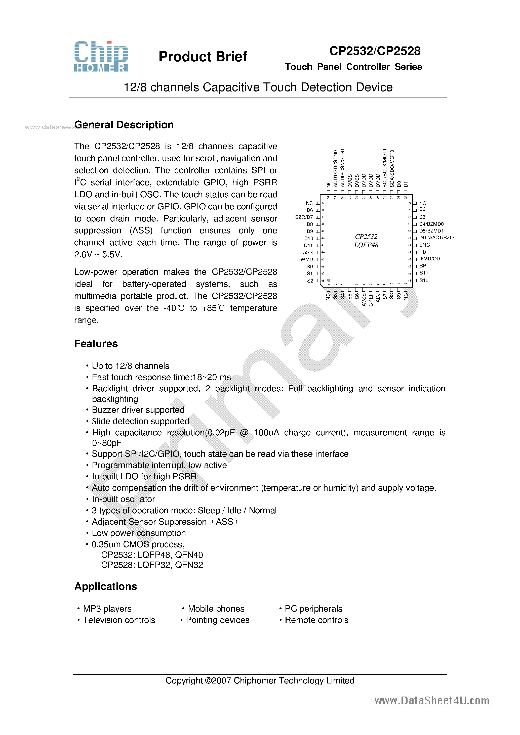 Даташит на микросхему CP2528 страница 1 Даташит CP2528 - (CP2528 / CP2532) 8 channels Capacitive Touch Detection Device страница 1