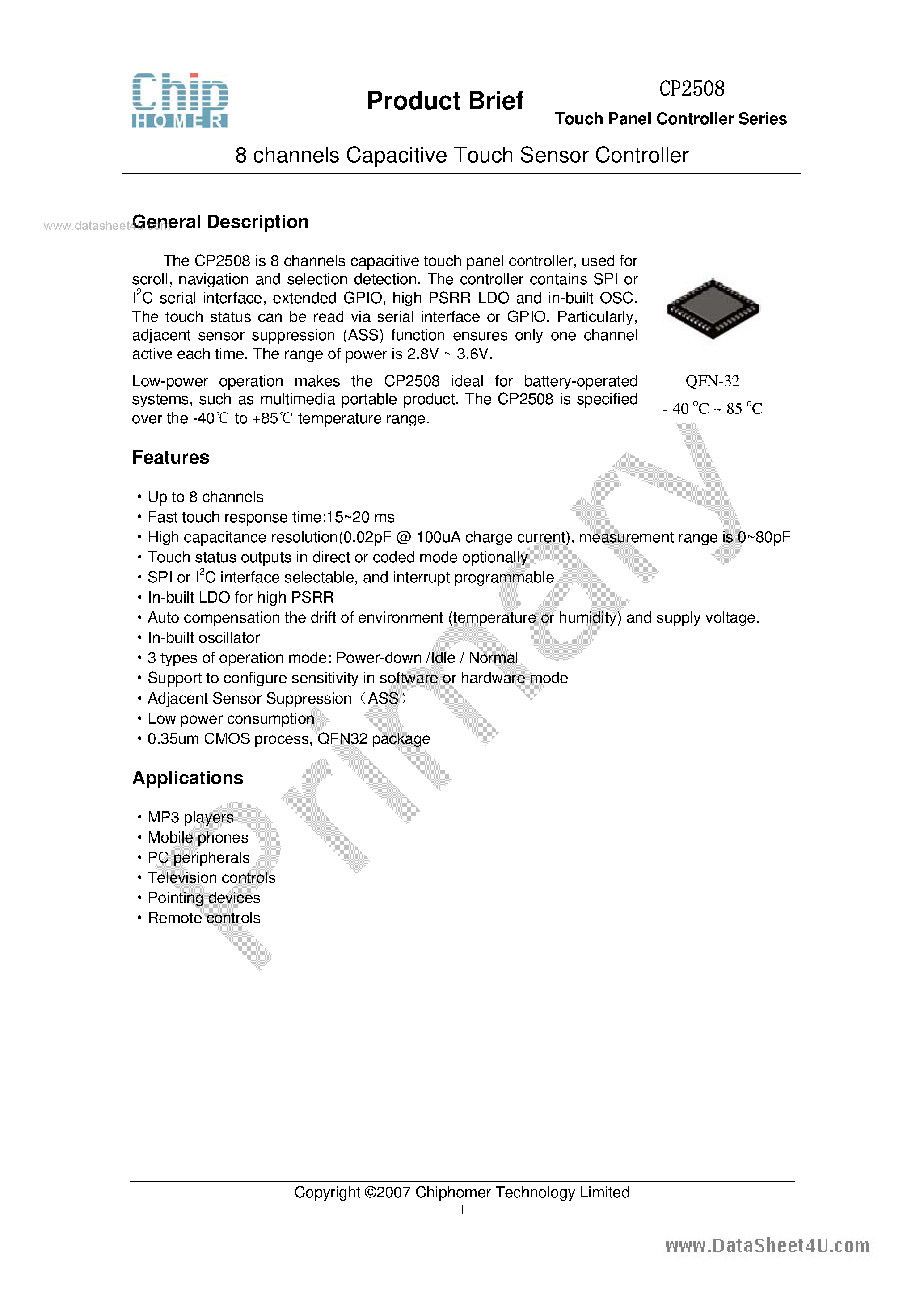 Даташит на микросхему CP2508 страница 1 Даташит CP2508 - 8 channels Capacitive Touch Sensor Controller страница 1